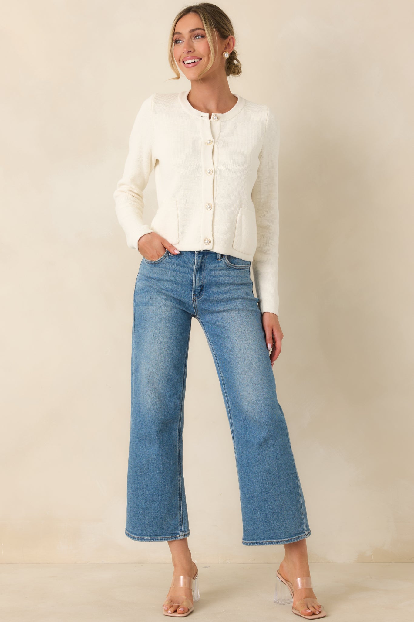 Prosperina Kennedy Button Front Cardigan In Ivory Cotton | Red Dress