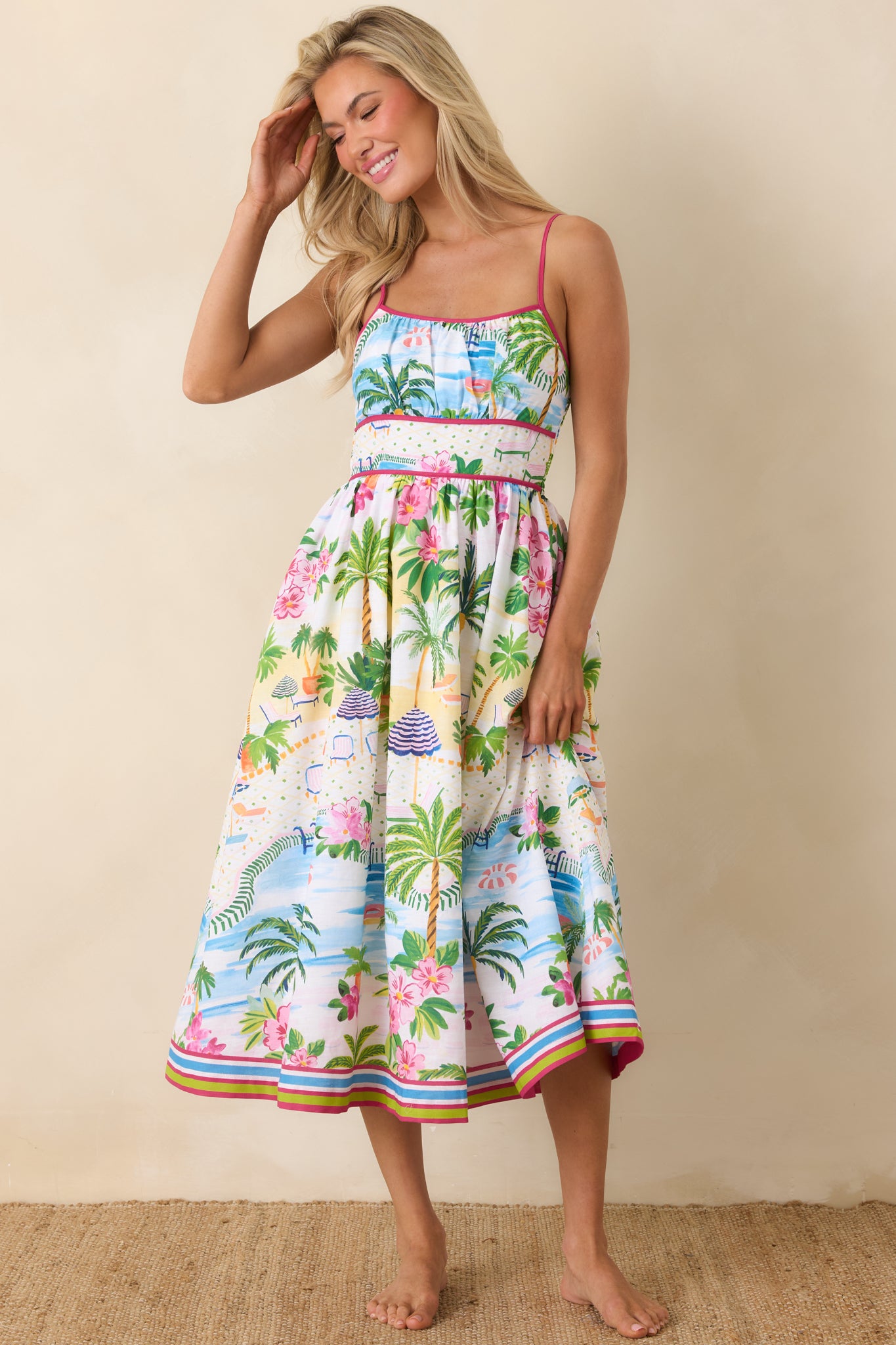 Paradisa Catalina Pink Muti Cotton Linen Poolside Print Midi Dress