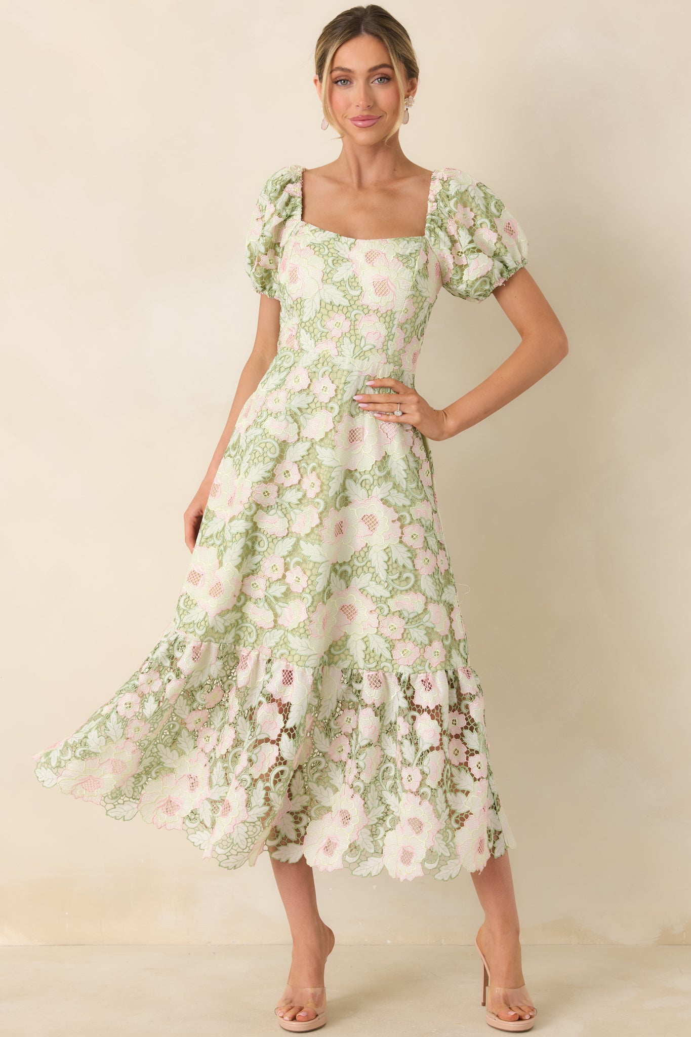 Garden Waltz Green & Pink Floral Lace Tie Back Midi Dress Garden Waltz Green & Pink Floral Lace Tie Back Midi Dress