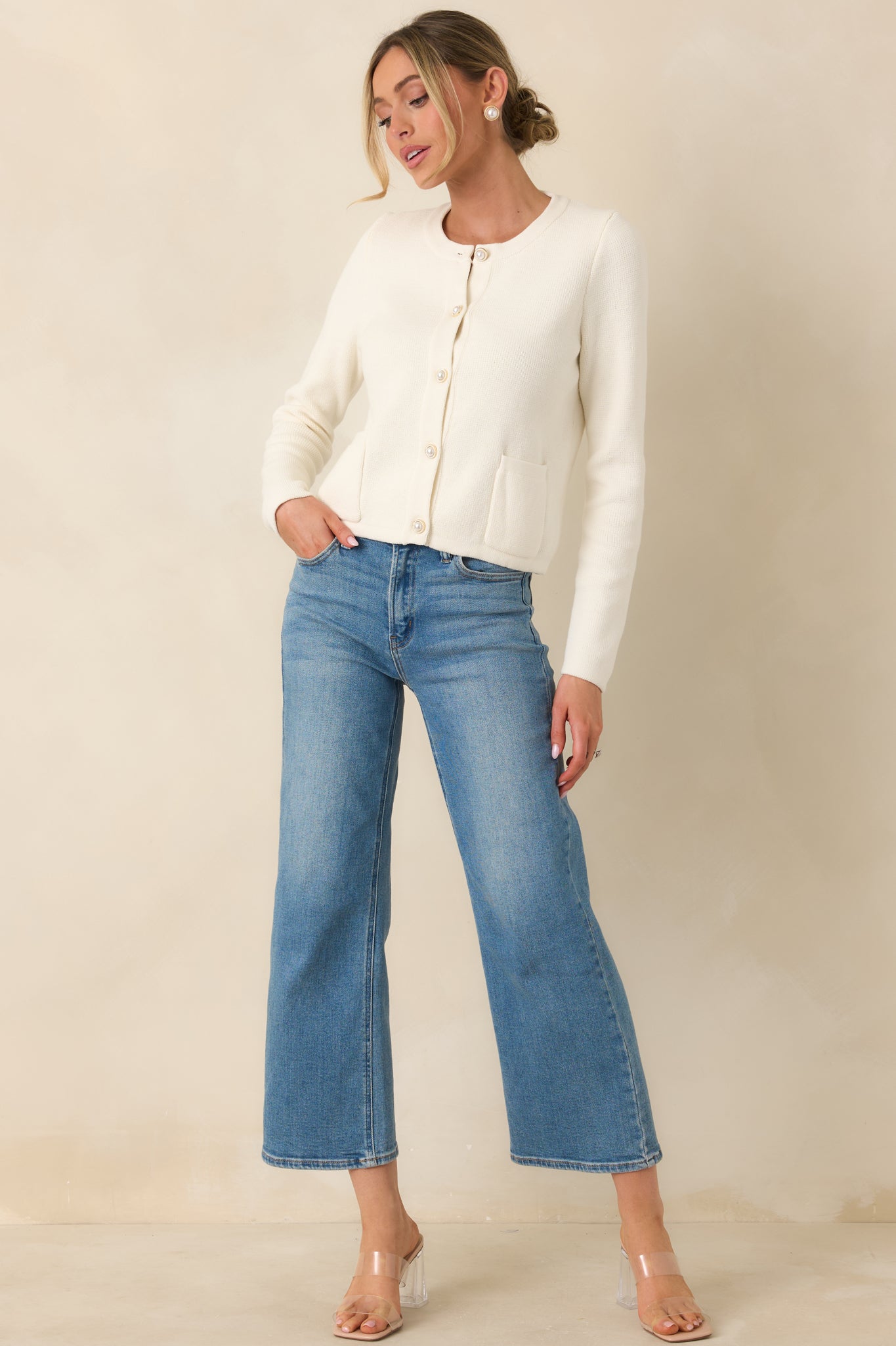 Prosperina Kennedy Button Front Cardigan In Ivory Cotton | Red Dress