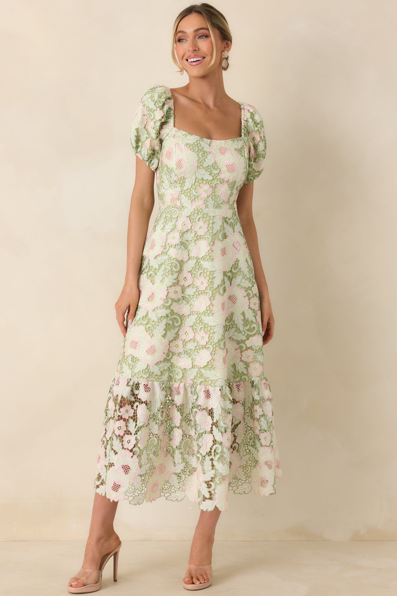 Red Dress | Green & Pink Floral Lace Midi Dress
