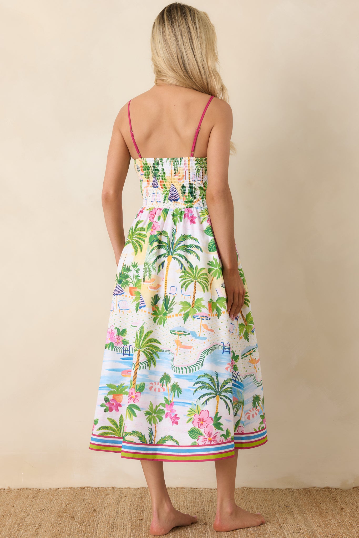 Paradisa Catalina Pink Muti Cotton Linen Poolside Print Midi Dress