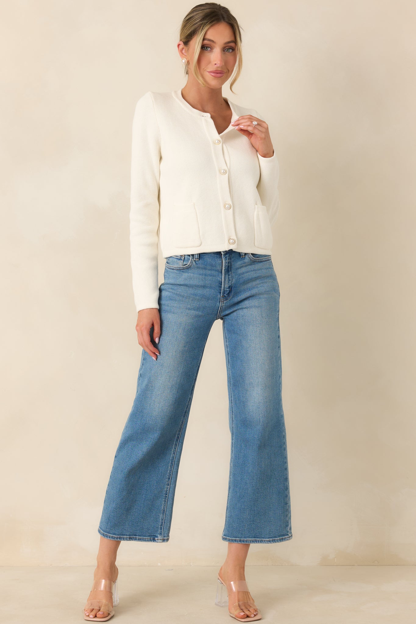 Prosperina Kennedy Button Front Cardigan In Ivory Cotton | Red Dress