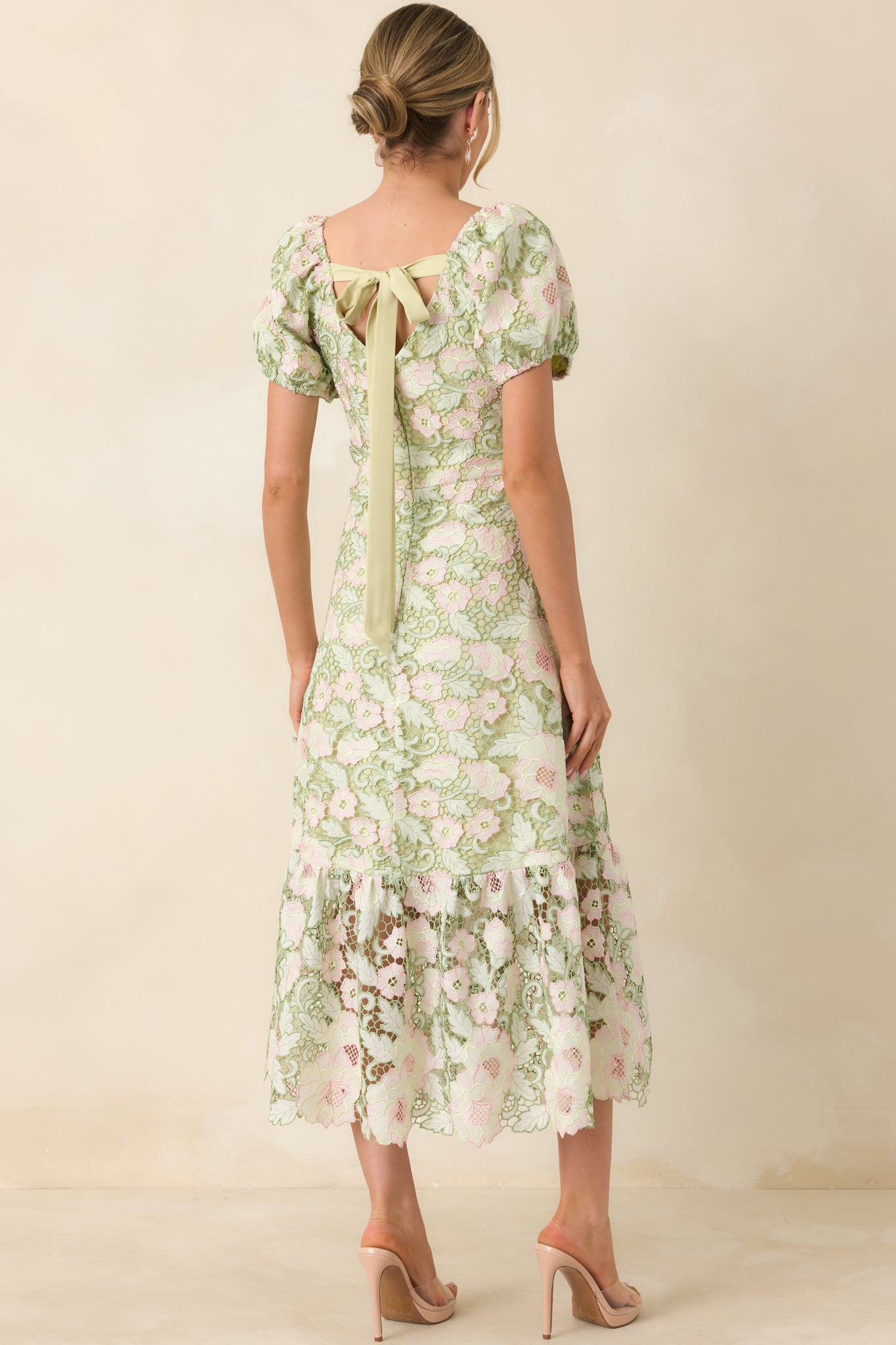Red Dress | Green & Pink Floral Lace Midi Dress