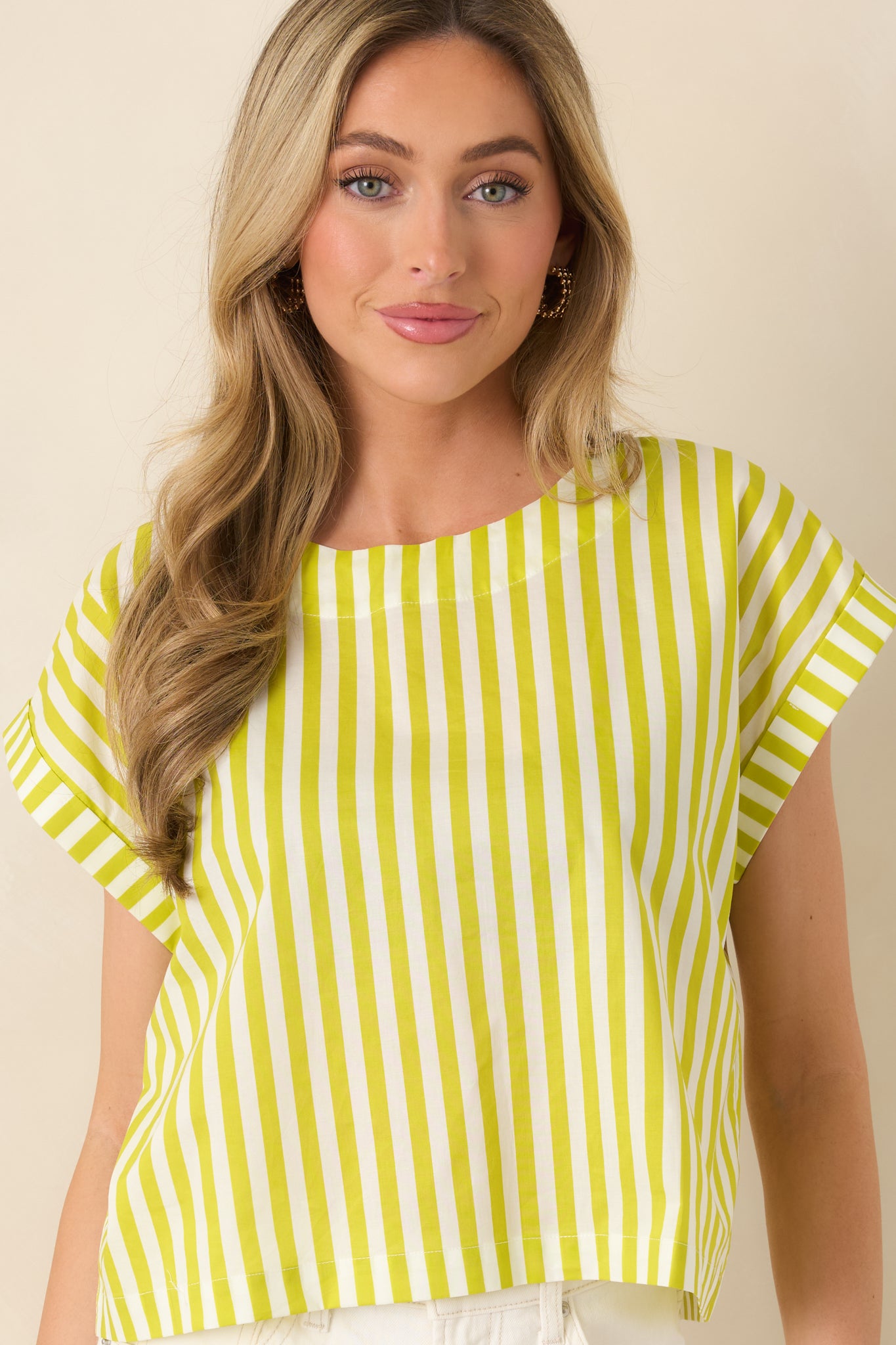 Detailed front angle showcasing the slightly cropped length and clean stripe alignment throughout the cotton fabric.