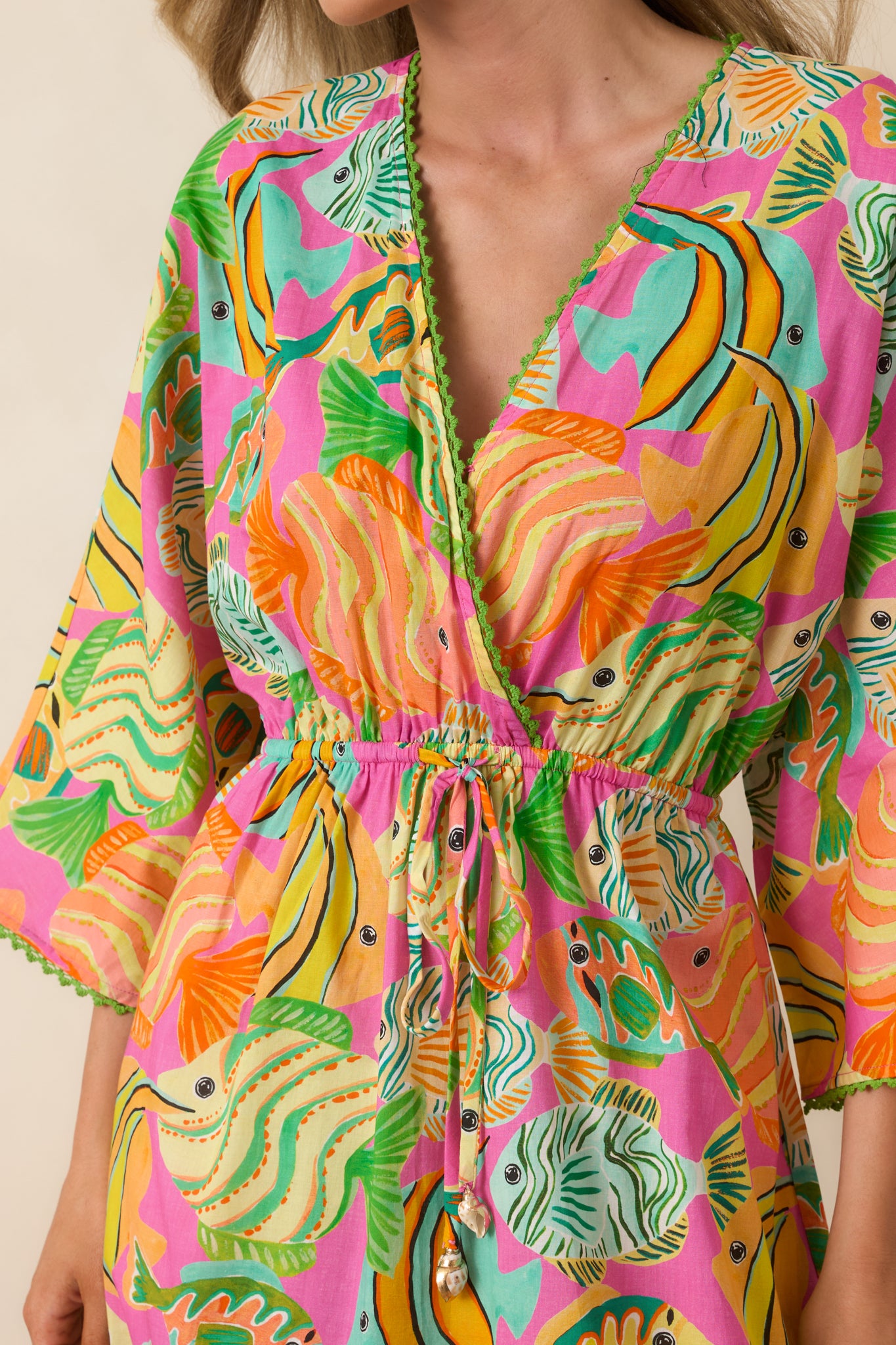 Paradisa Cabana Pink Multi Cotton Fish Print Caftan Dress