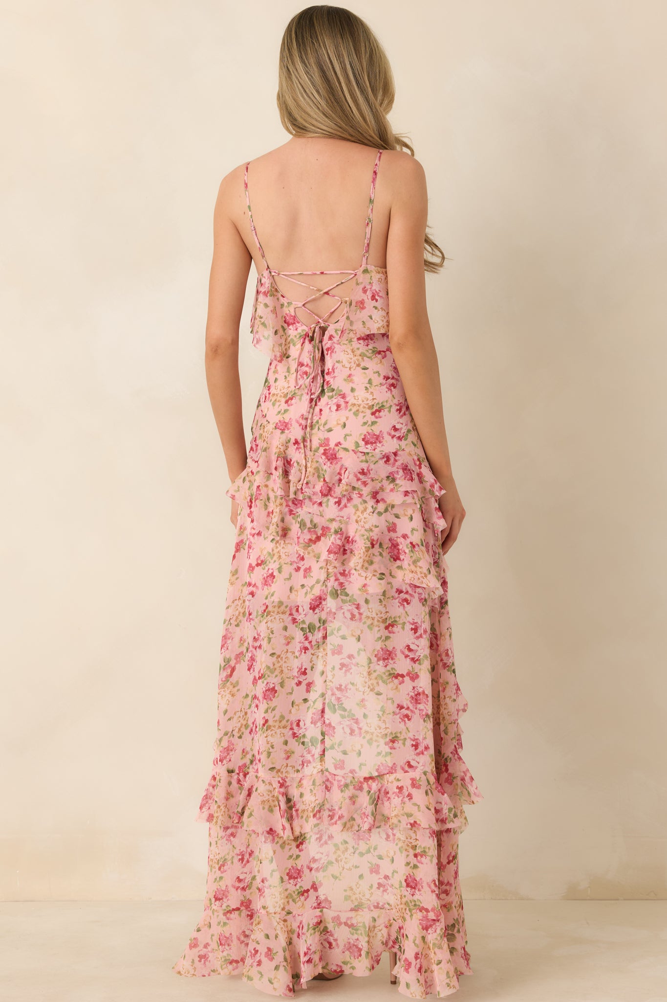 Red Dress | Blush Pink Multi Floral Ruffle Maxi Dress - Event Dresses
