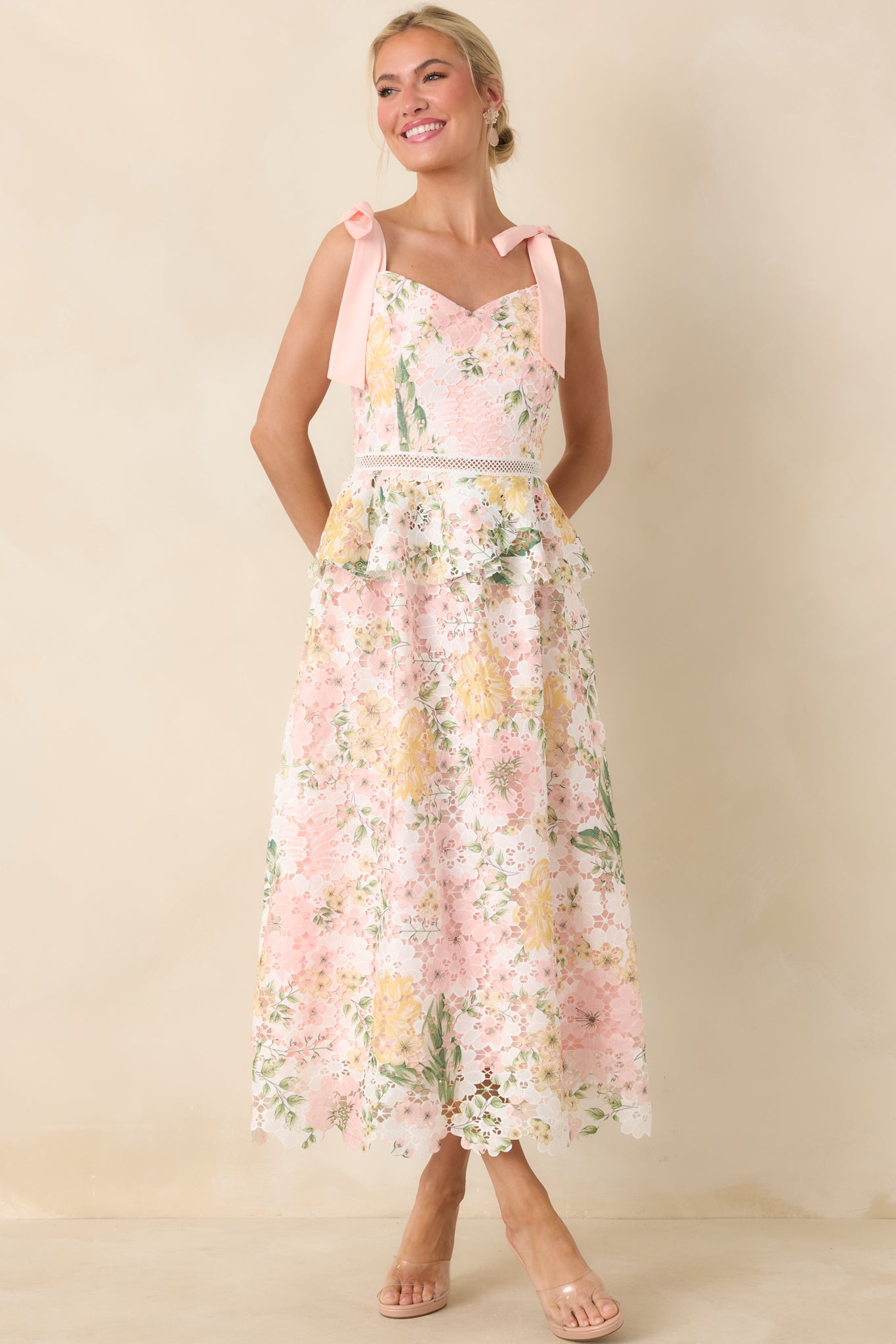 Flattering Peach Lace Floral Midi Dress - All Dresses
