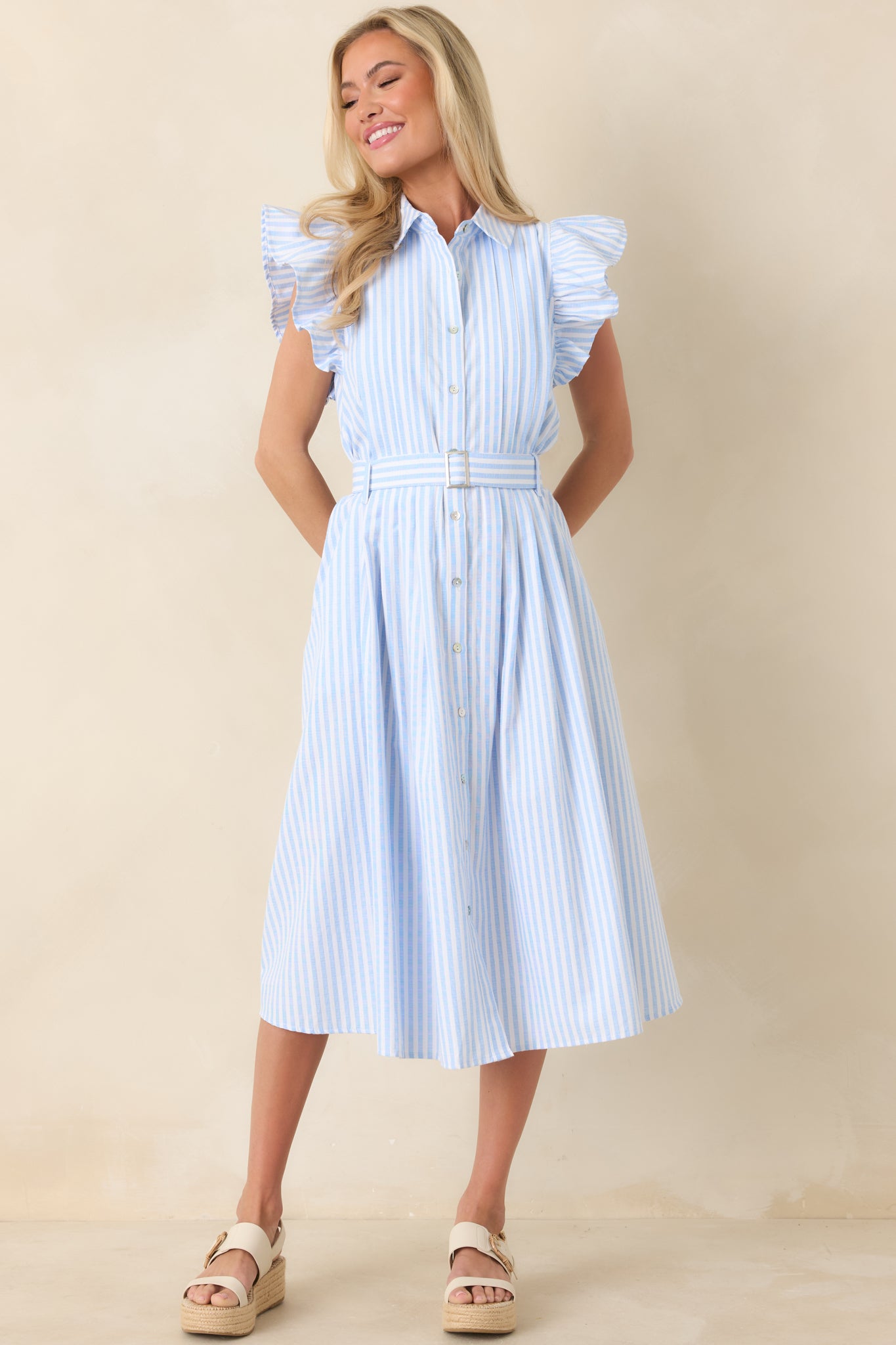 Women's Simple Statement Sky Blue and White Stripe Button Front Midi Dress | Size: L
