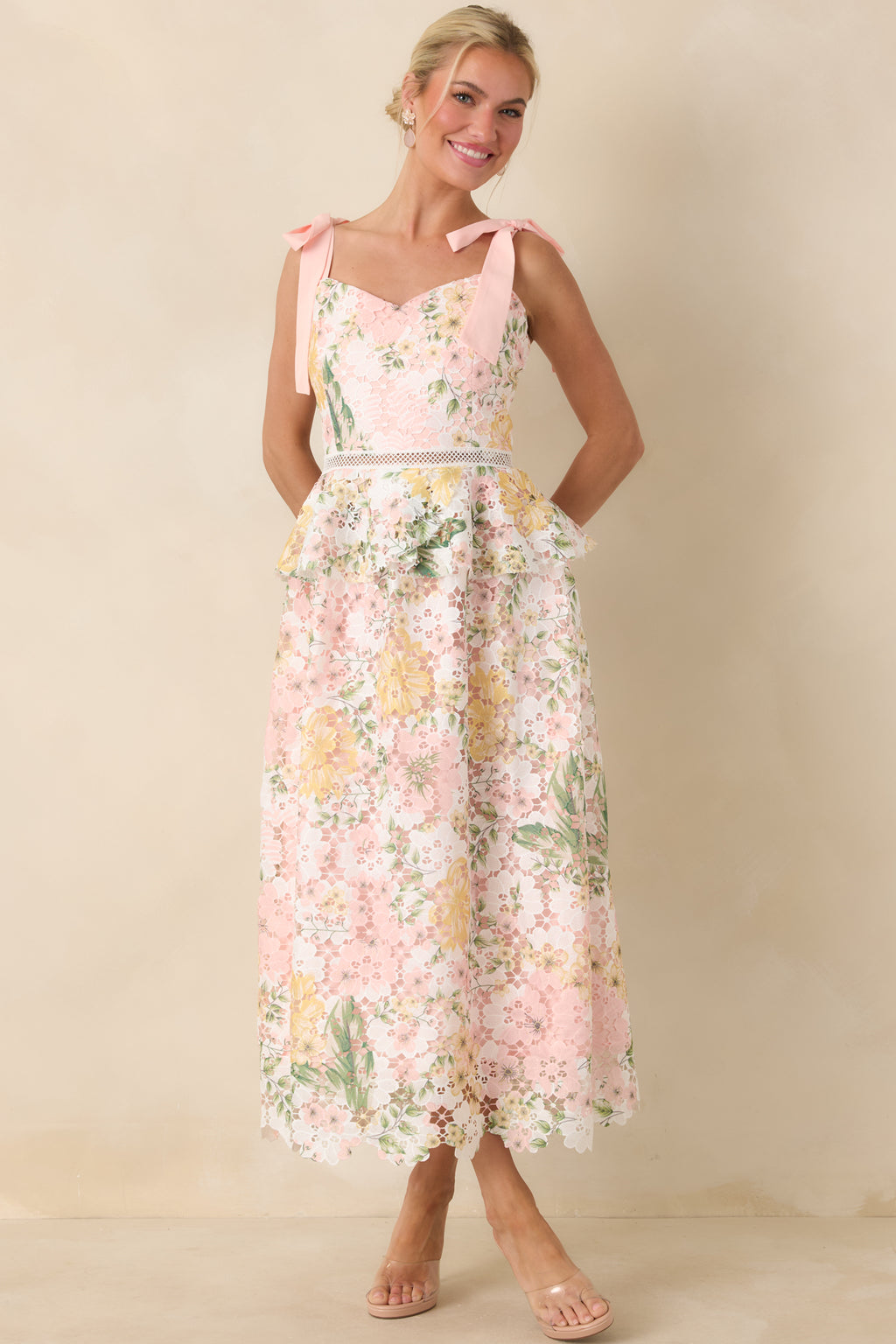 Flattering Peach Lace Floral Midi Dress - All Dresses