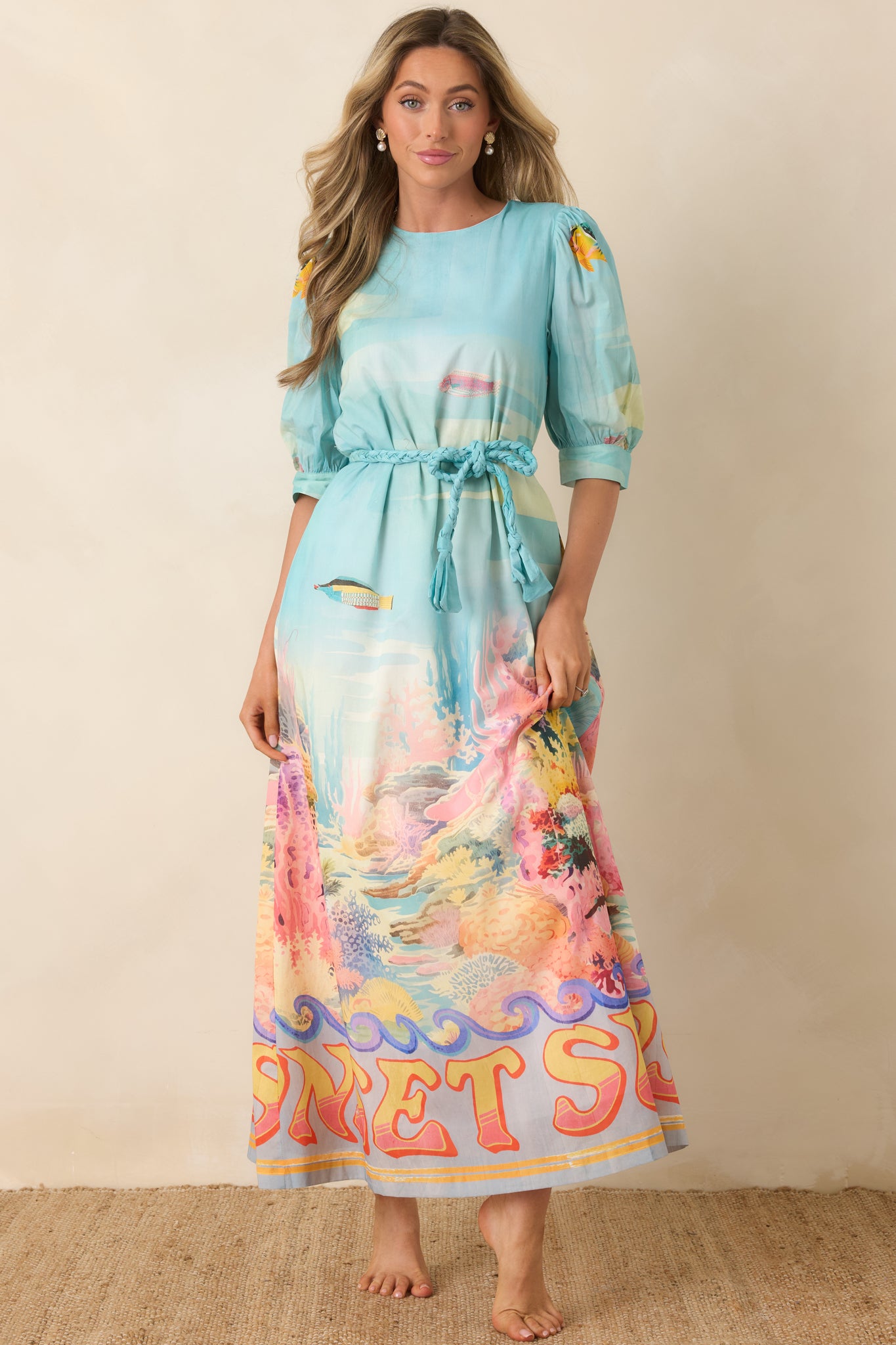 Paradisa Ponte Vedra Blue Multi Cotton Reef Print Maxi Dress