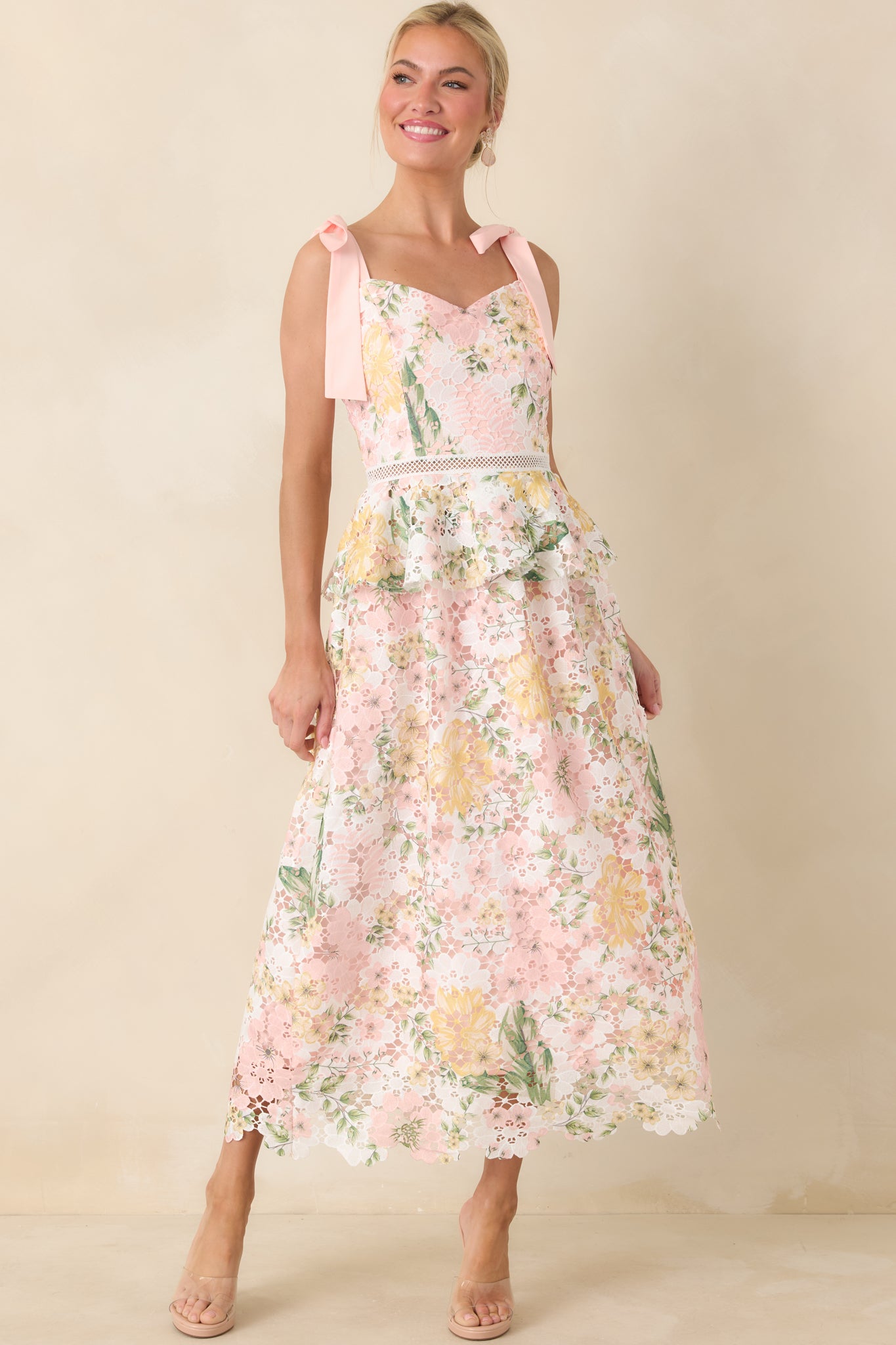 peach midi dress Women's Remembering Spring Peach Lace Floral Midi Dress | Size: L