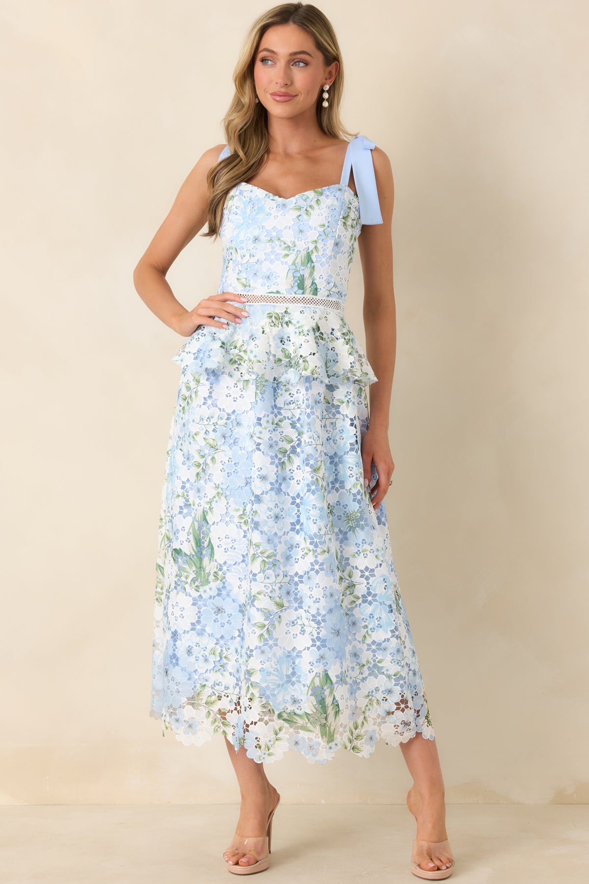 Light Blue Lace Floral Midi Dress