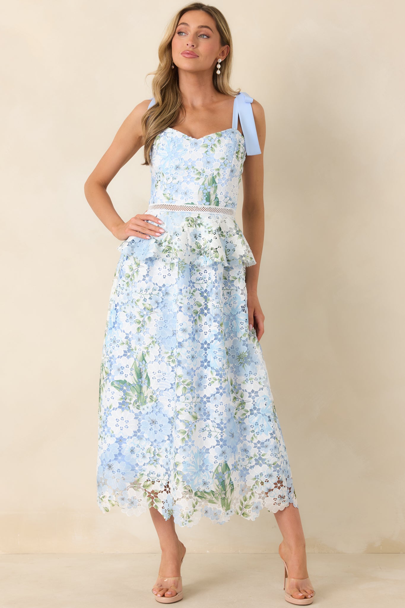 Light Blue Lace Floral Midi Dress - All Dresses