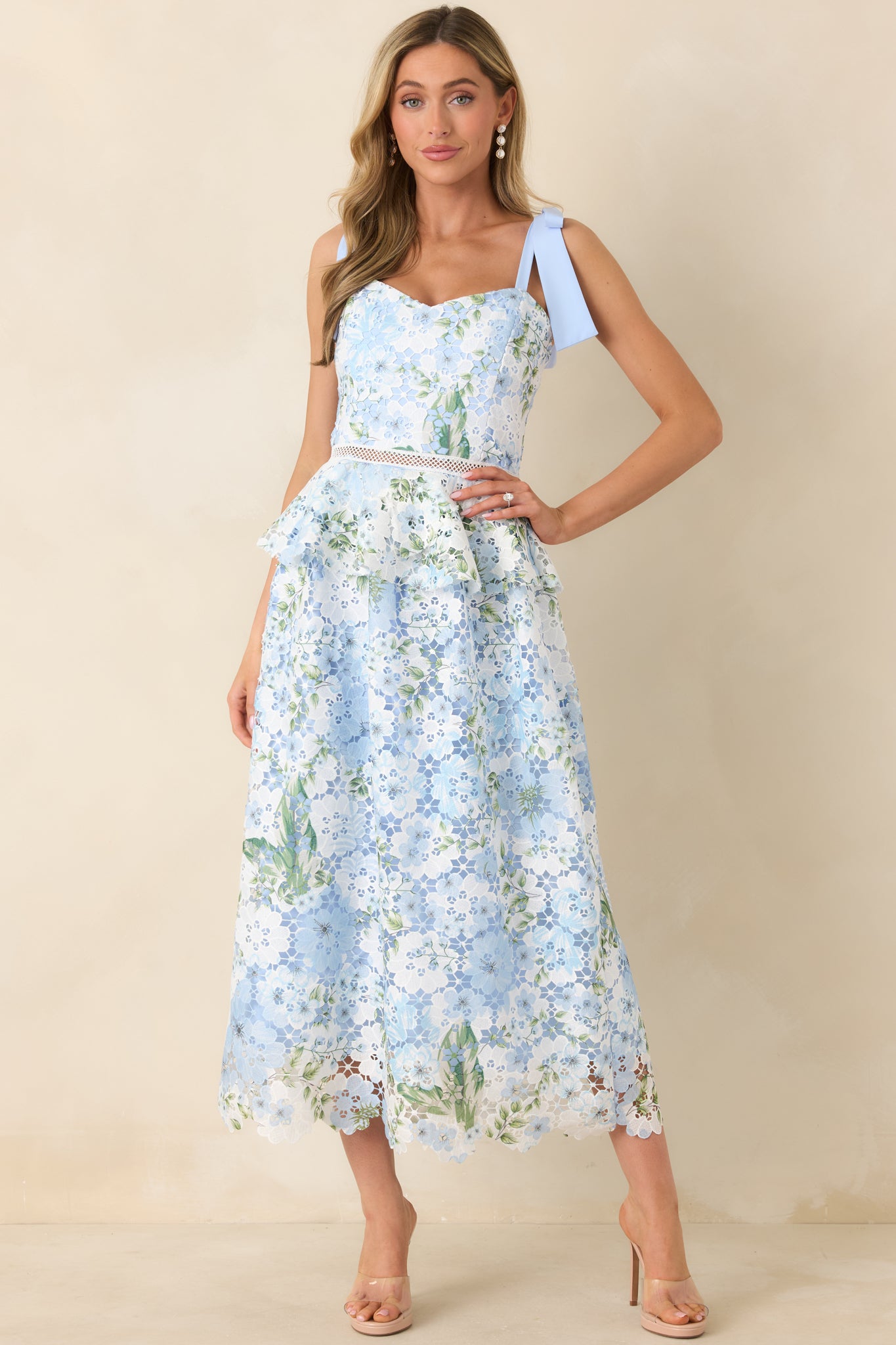 Light Blue Lace Floral Midi Dress - All Dresses | Red Dress Light Blue Lace Floral Midi Dress - All Dresses | Red Dress