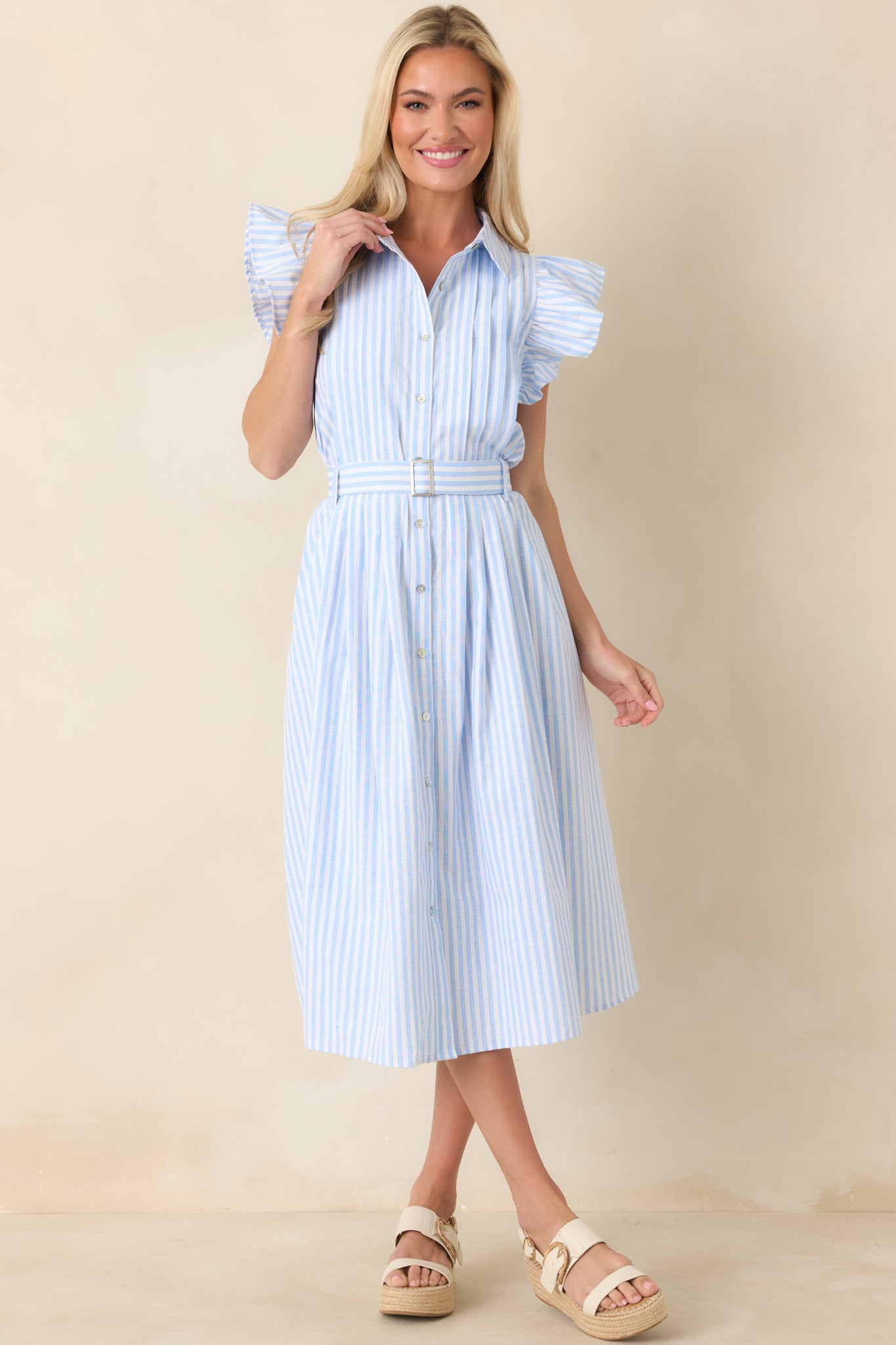 Women's Simple Statement Sky Blue and White Stripe Button Front Midi Dress | Size: L