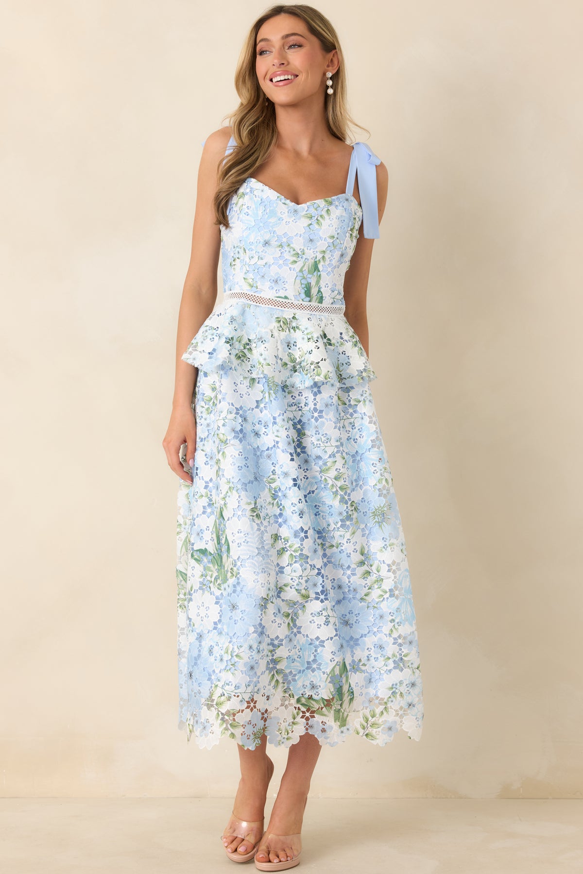 Light Blue Lace Floral Midi Dress
