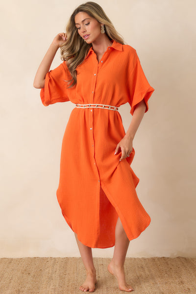 Women's Paradisa St. Augustine Orange Cotton Belted Shirt Dress | Size: M