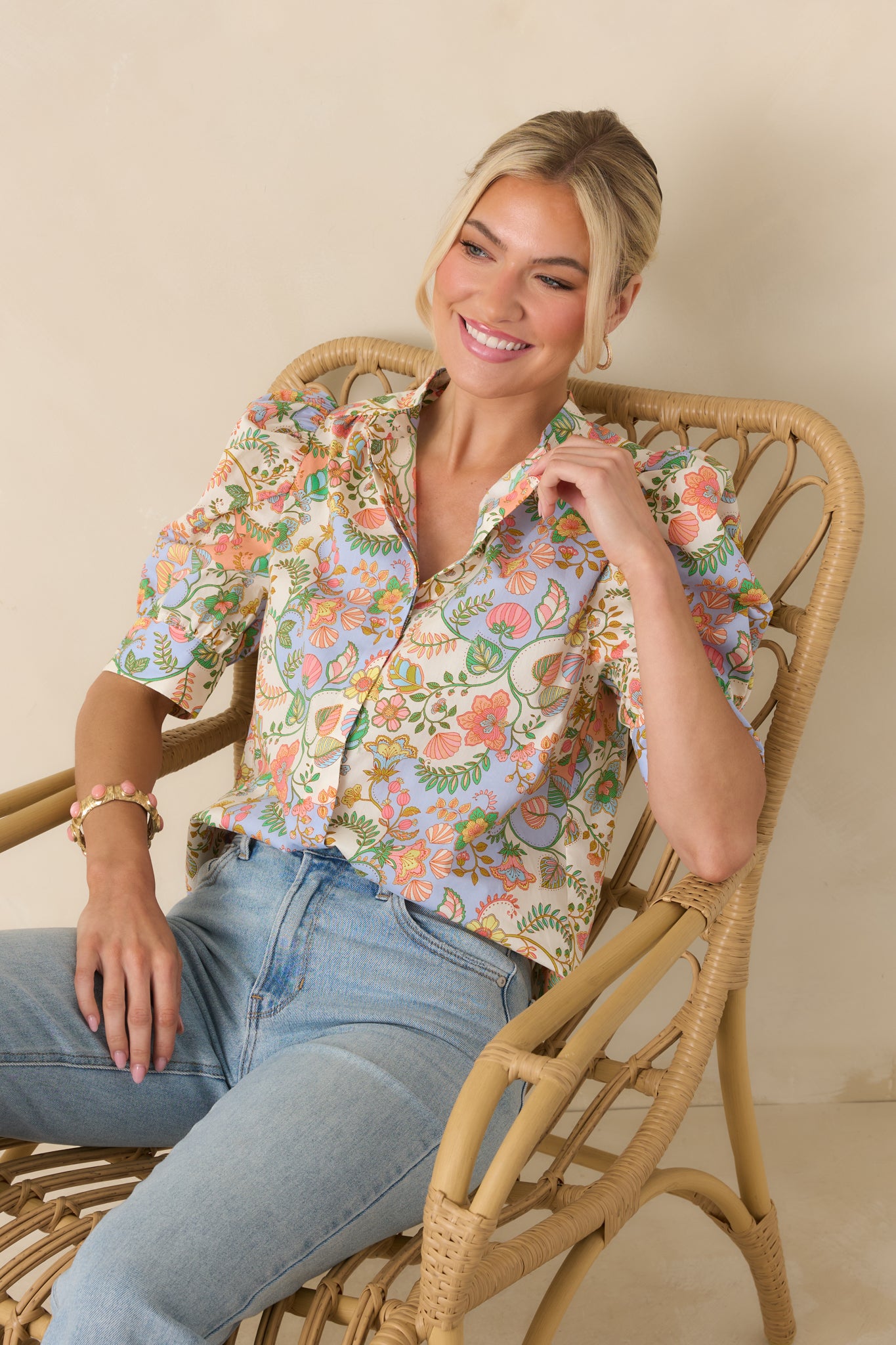 Cotton blouse with statement puff short sleeves and structured cuffs, offering airy comfort and a polished silhouette designed to hold its shape.