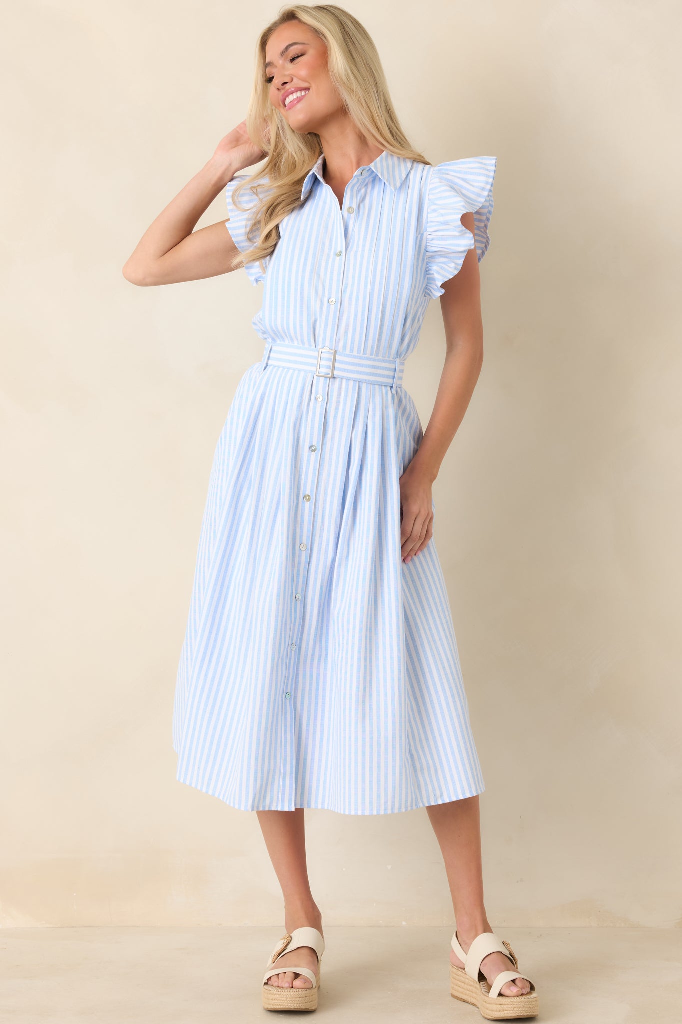 Women's Simple Statement Sky Blue and White Stripe Button Front Midi Dress | Size: L