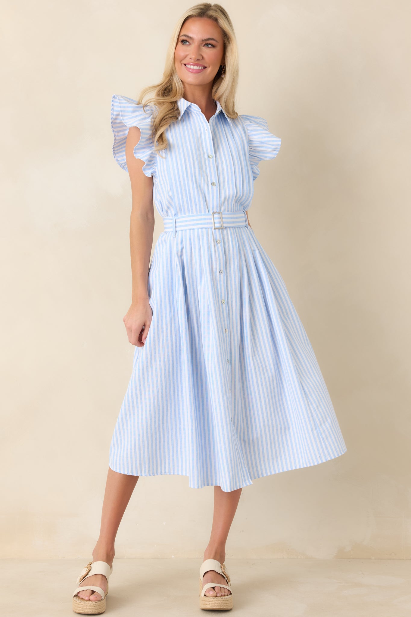 Sky Blue & White Stripe Button Front Dress - Midi Dresses | Red Dress Sky Blue & White Stripe Button Front Dress - Midi Dresses | Red Dress