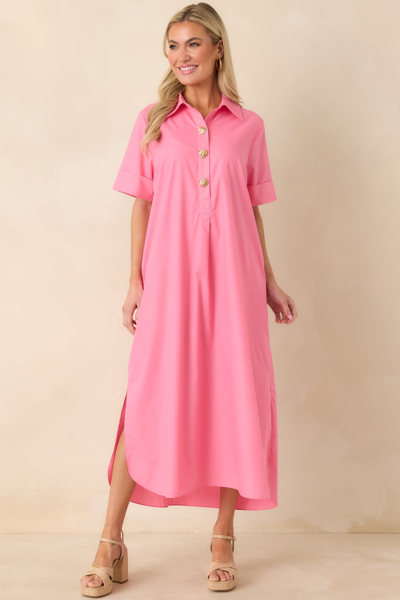 Full-length front view of the pink maxi dress highlighting the collared neckline and vibrant solid color.
