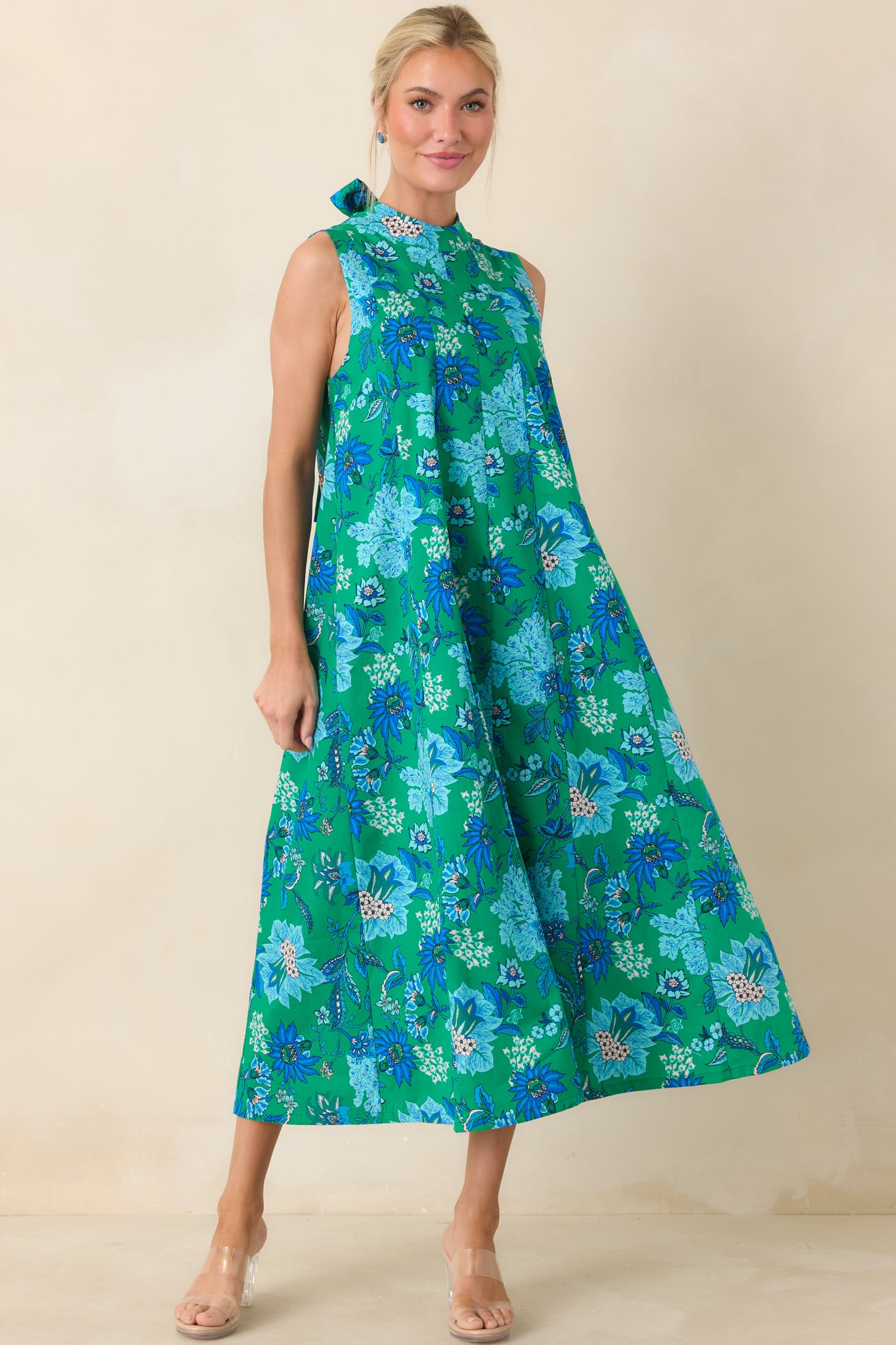 This Changes Things Green & Blue Floral Cotton Tie-Back Keyhole Maxi Dress