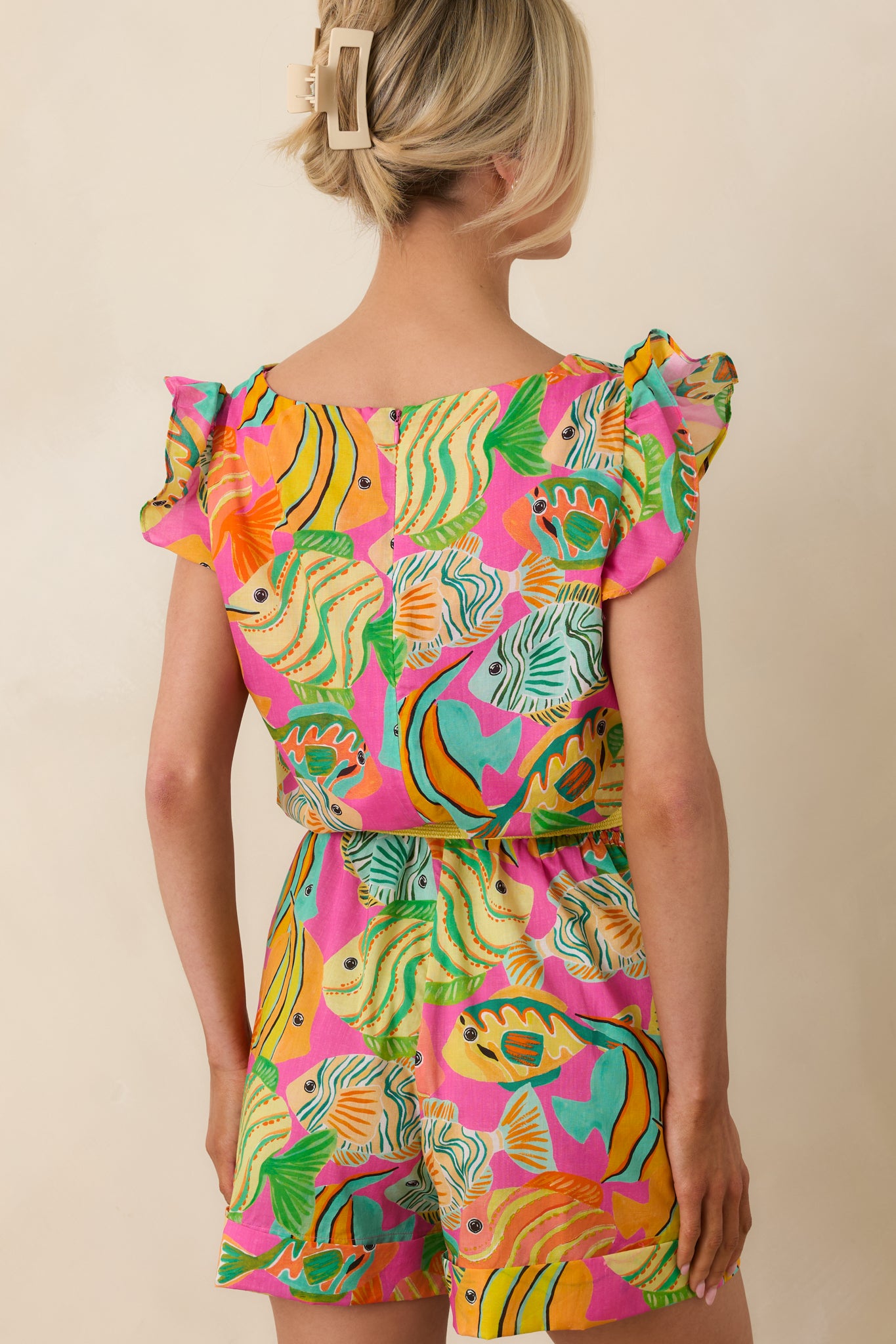 Paradisa Melbourne Pink Multi Cotton Fish Print Romper | Red Dress