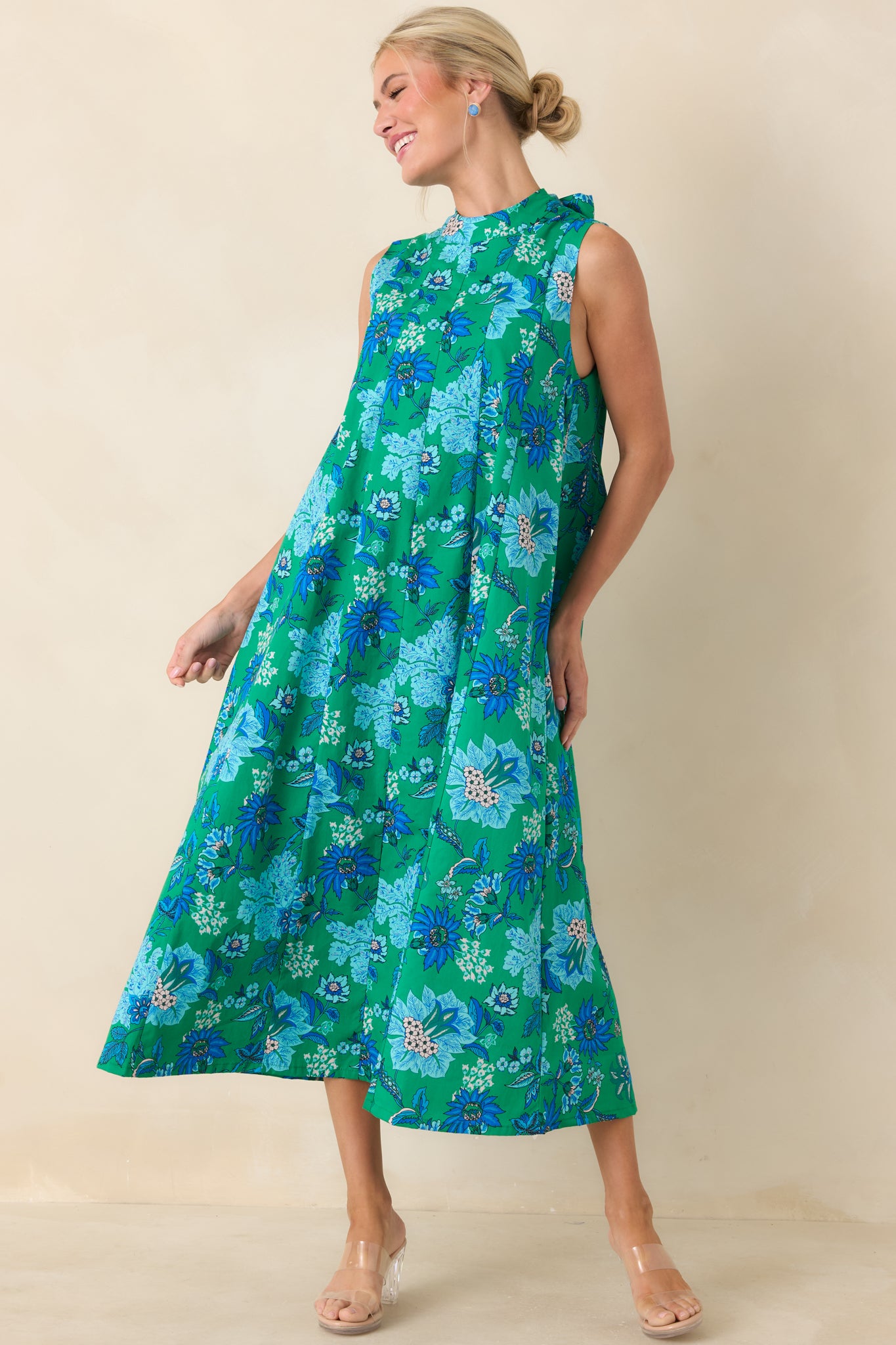 This Changes Things Green & Blue Floral Cotton Tie-Back Keyhole Maxi Dress