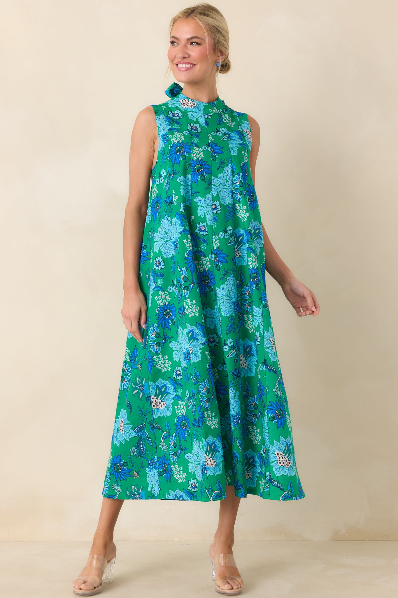 This Changes Things Green & Blue Floral Cotton Tie-Back Keyhole Maxi Dress