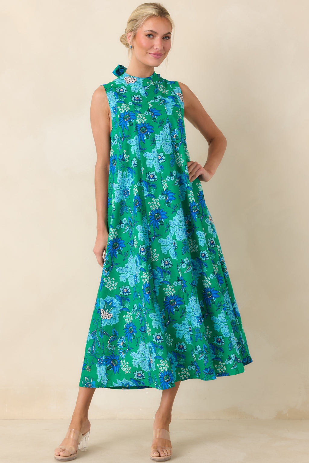 Red Dress | Green & Blue Floral Cotton Tie-Back Maxi Dress