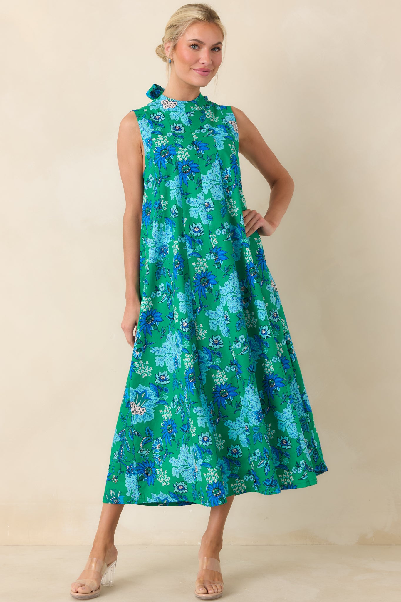 This Changes Things Green & Blue Floral Cotton Tie-Back Keyhole Maxi Dress