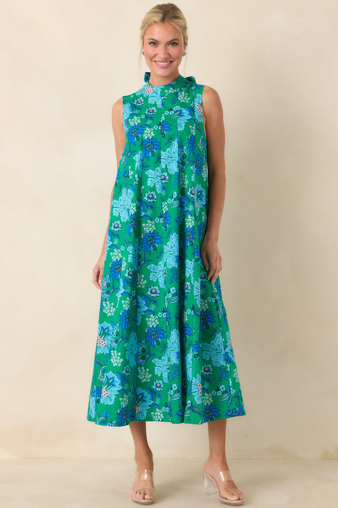 This Changes Things Green & Blue Floral Cotton Tie-Back Keyhole Maxi Dress