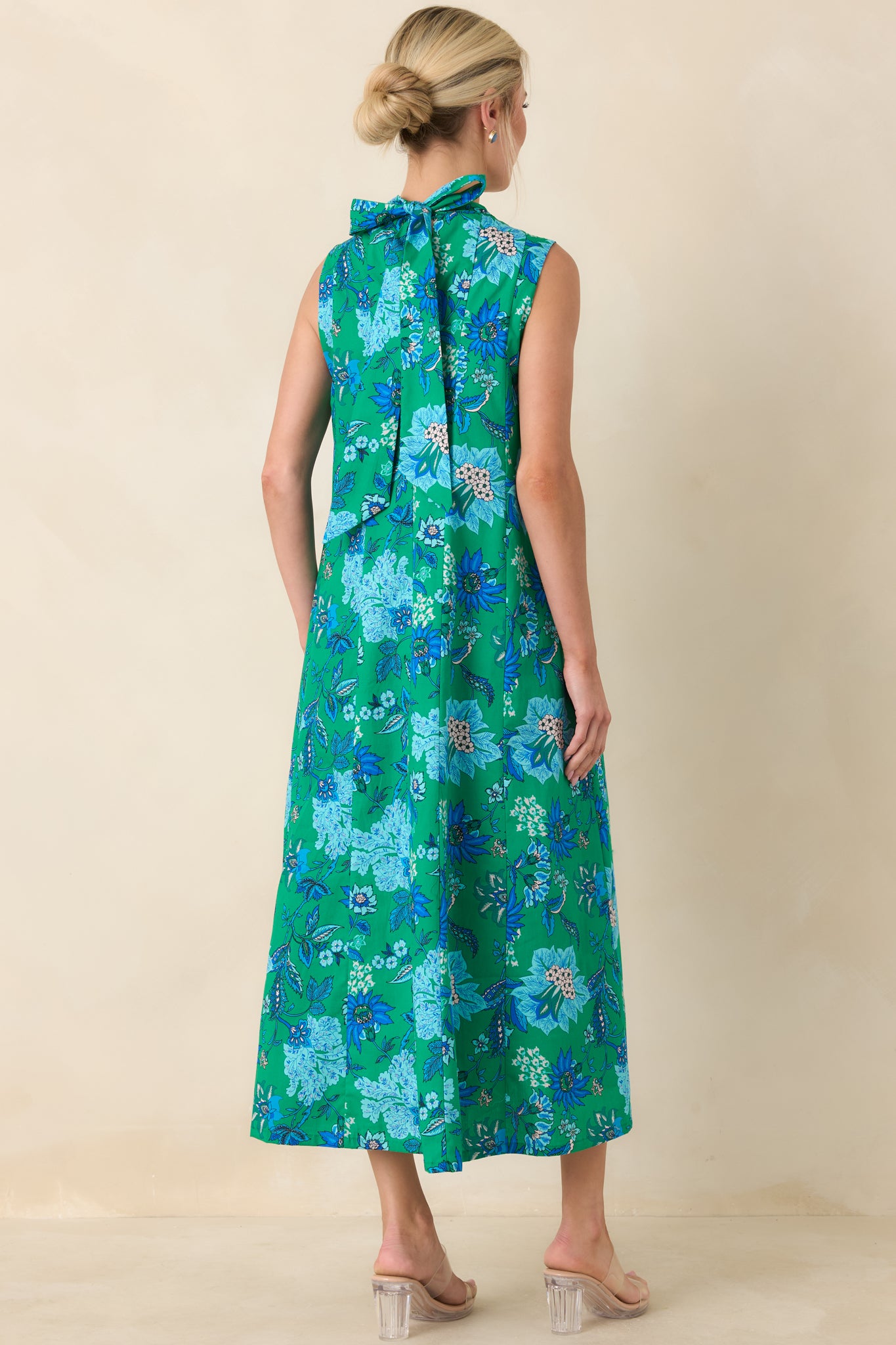 This Changes Things Green & Blue Floral Cotton Tie-Back Keyhole Maxi Dress