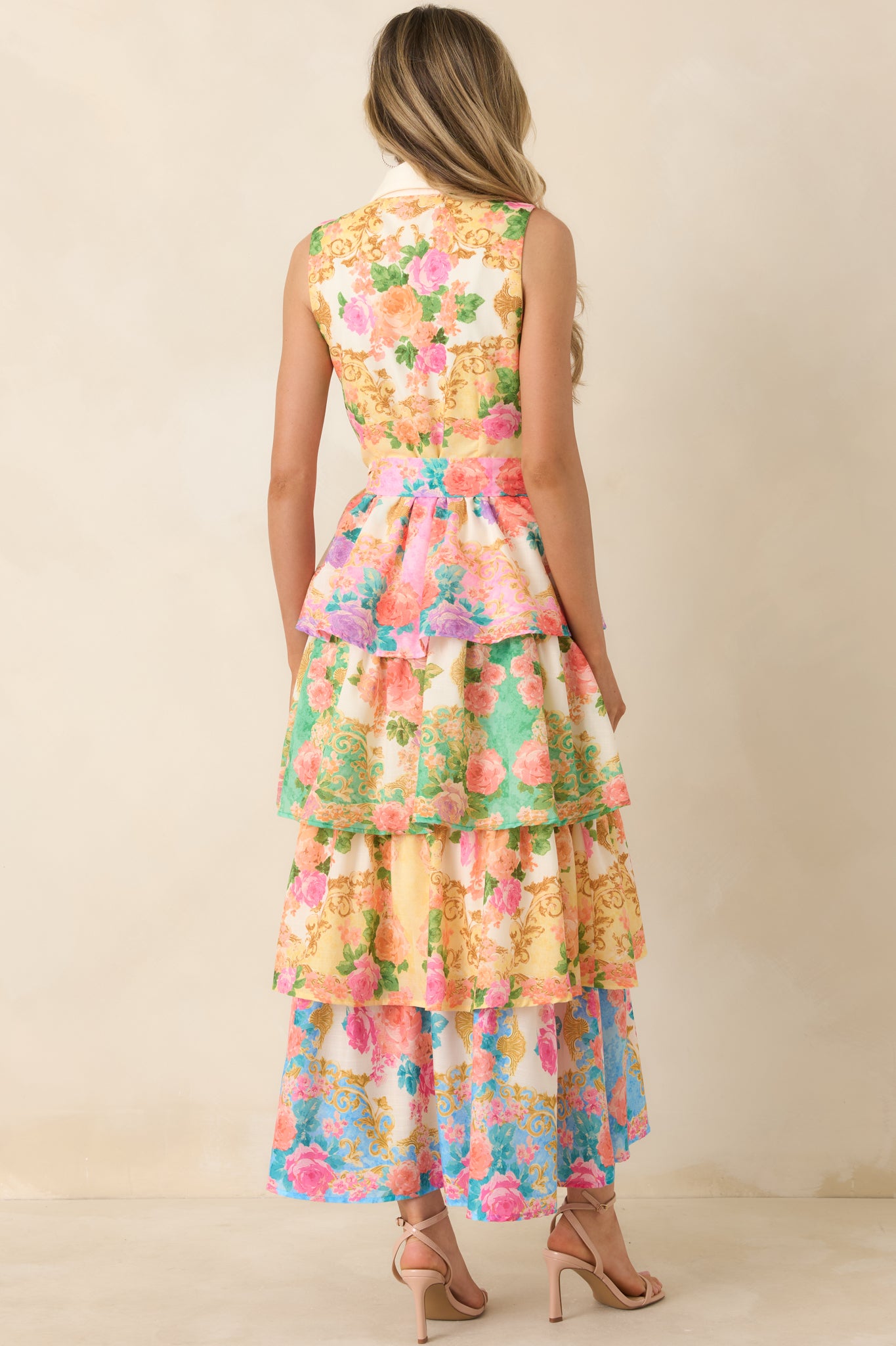 Red Dress | Yellow Multi Floral Tiered Midi Dress - All Dresses Red Dress | Yellow Multi Floral Tiered Midi Dress - All Dresses