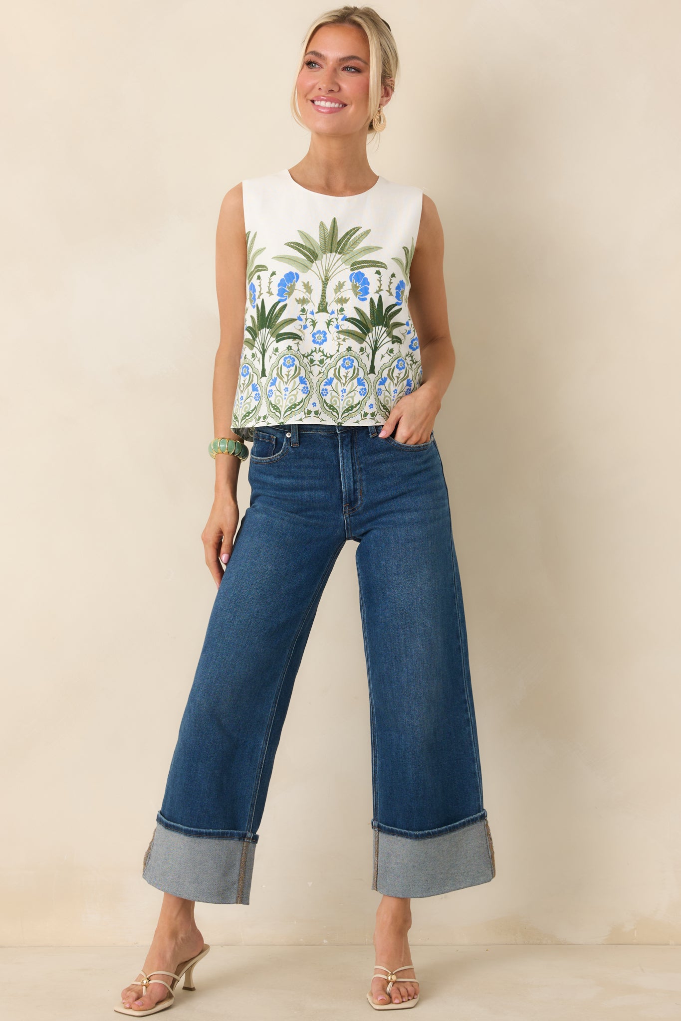 Front view of the sleeveless floral top showing a structured shape and fully lined design.