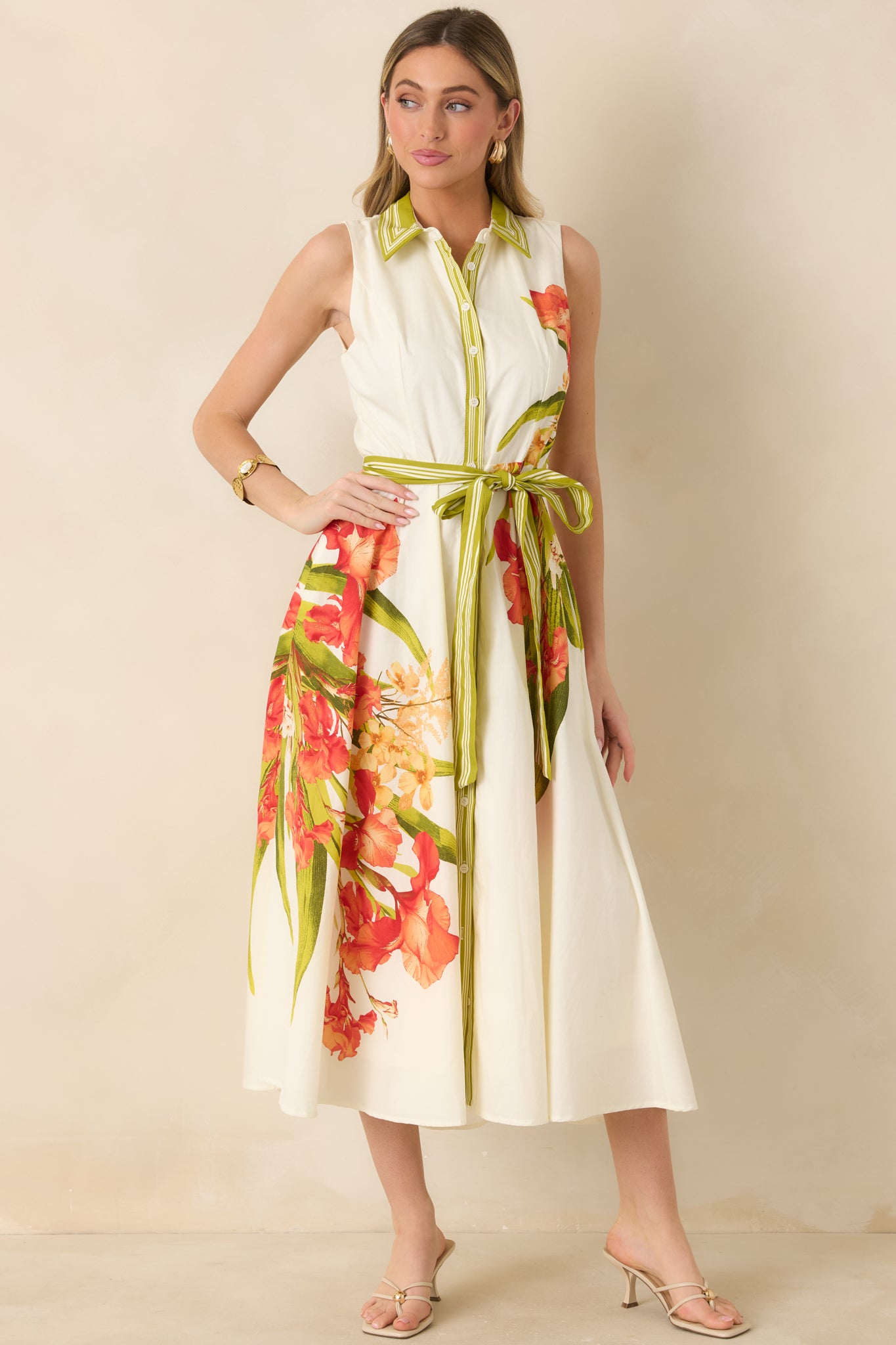 Lightweight cotton maxi dress with flowing skirt and removable tie belt.
