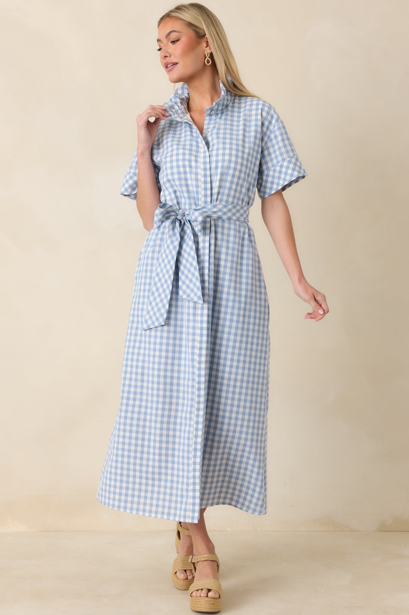 Full-body view showing the gingham maxi dress with button-front placket and removable self-tie belt.