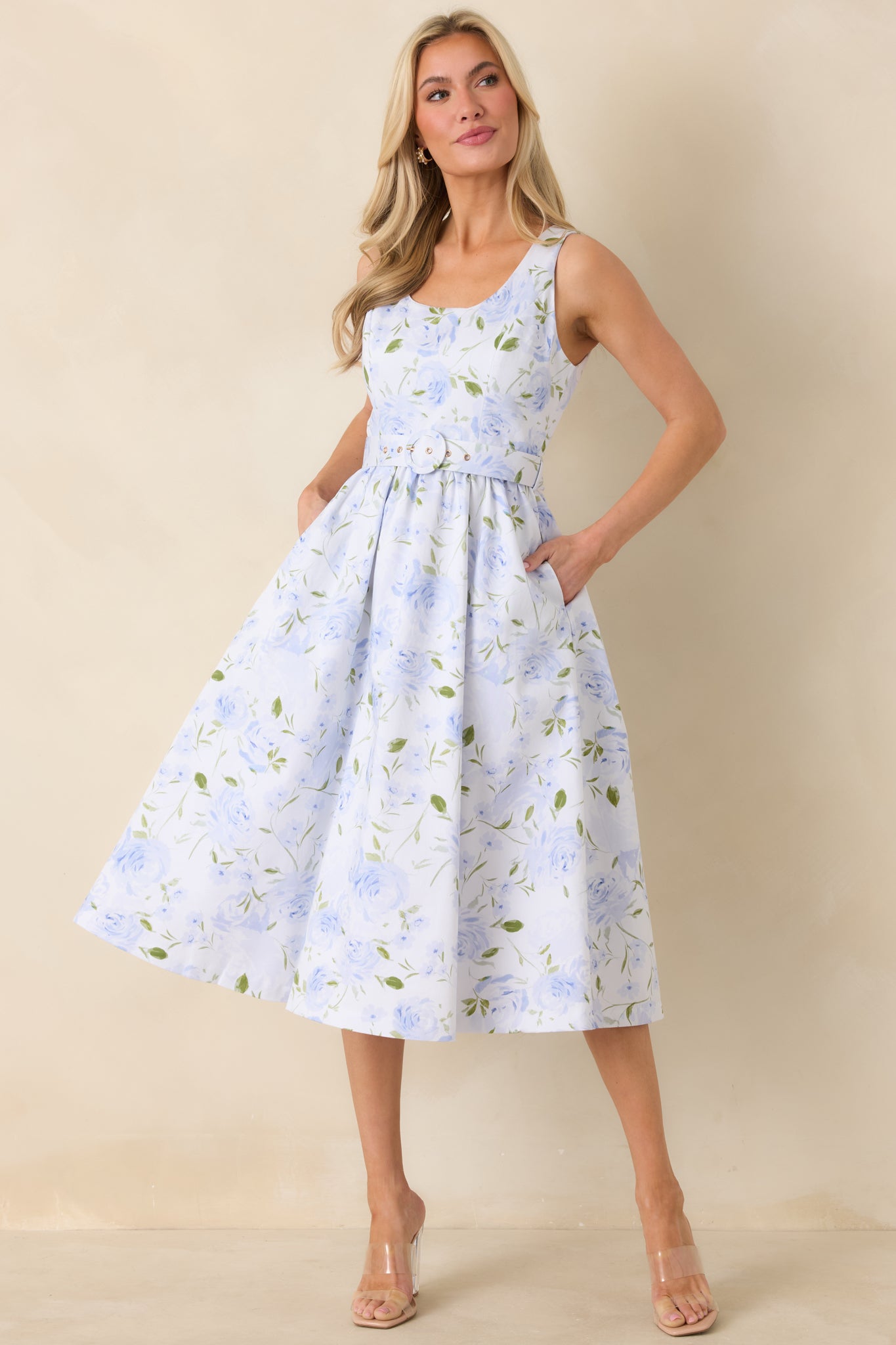 Front view capturing the overall fit-and-flare silhouette and lightweight cotton fabric.