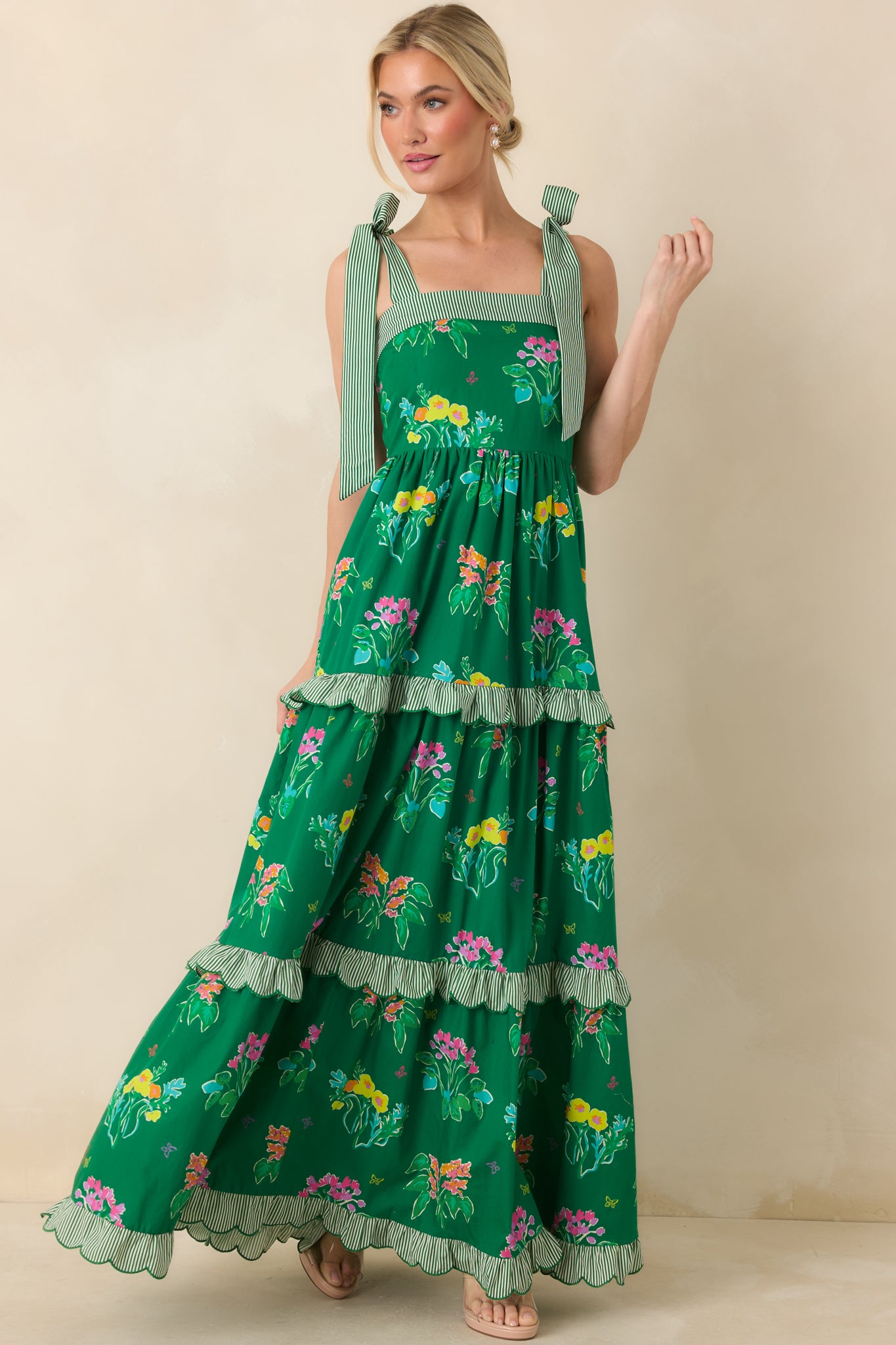 Cotton maxi dress with smocked bodice, tiered silhouette, and striped accents on each layer.