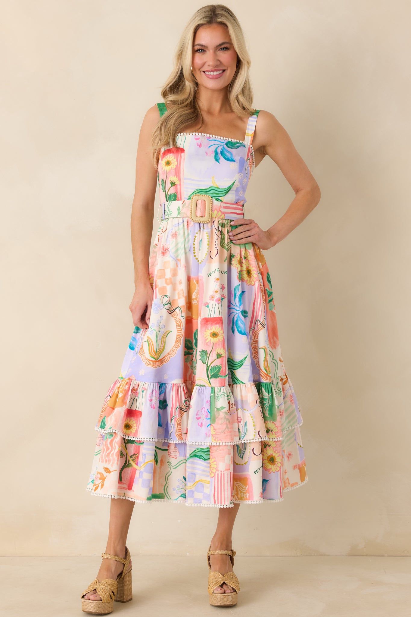 Peach and multicolor tiered midi dress with lightweight cotton construction and fluid, easy drape.