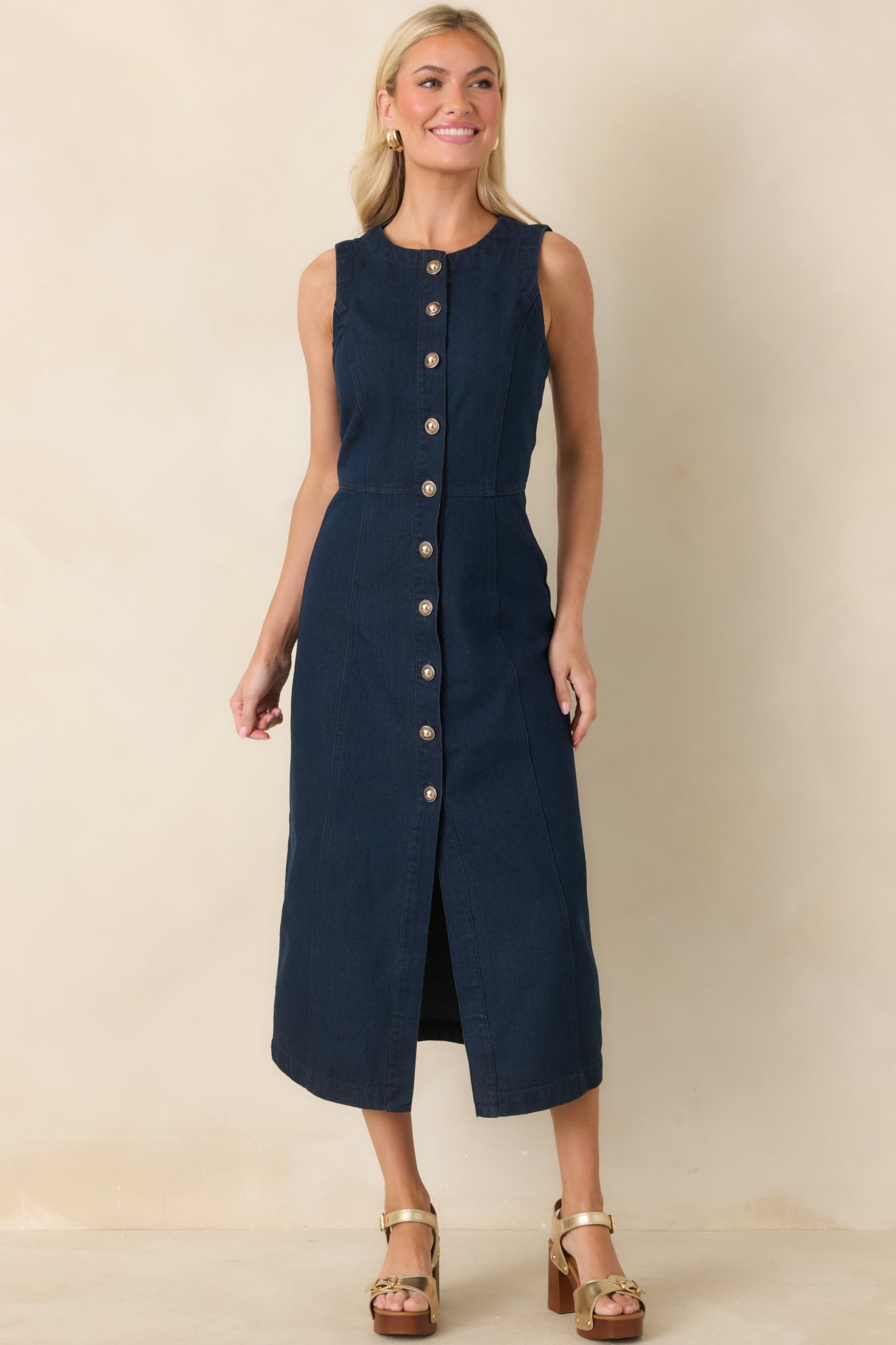 Made to Command Dark Indigo Cotton Denim Button-Front Midi Dress