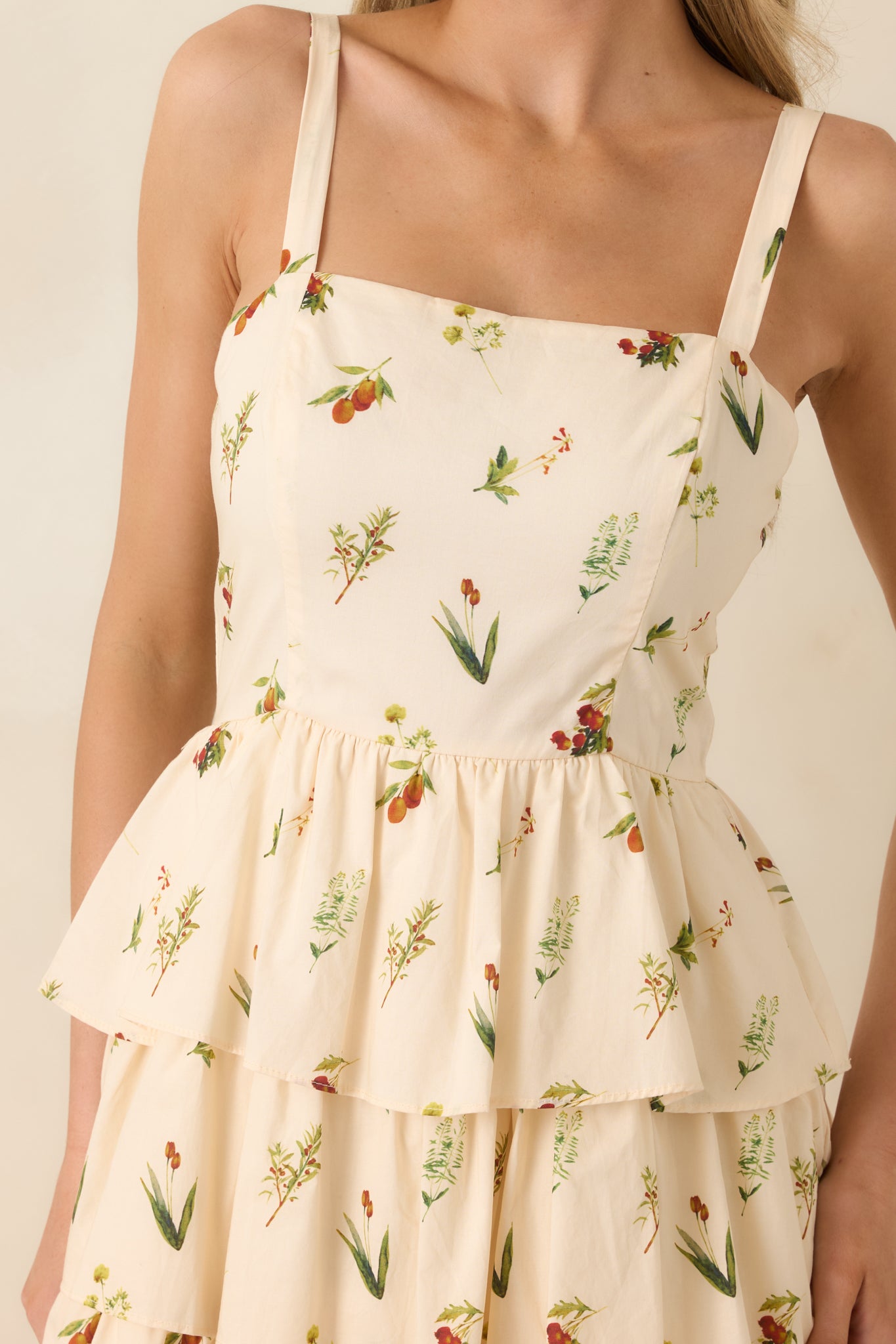 Close-up of the multicolor floral print, paneled bodice, and textured fabric of the ivory midi dress.
