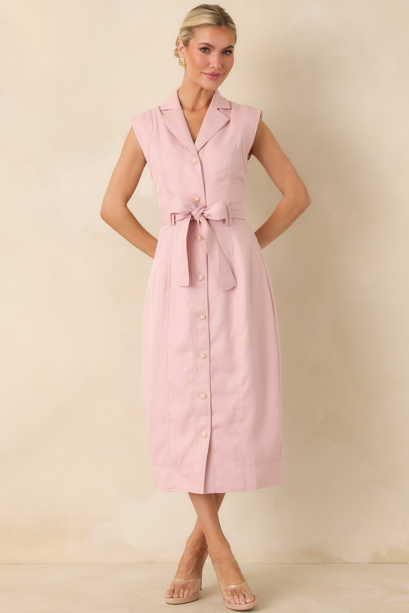 Front-facing full body image highlighting the removable self-tie belt and streamlined silhouette of the dress.