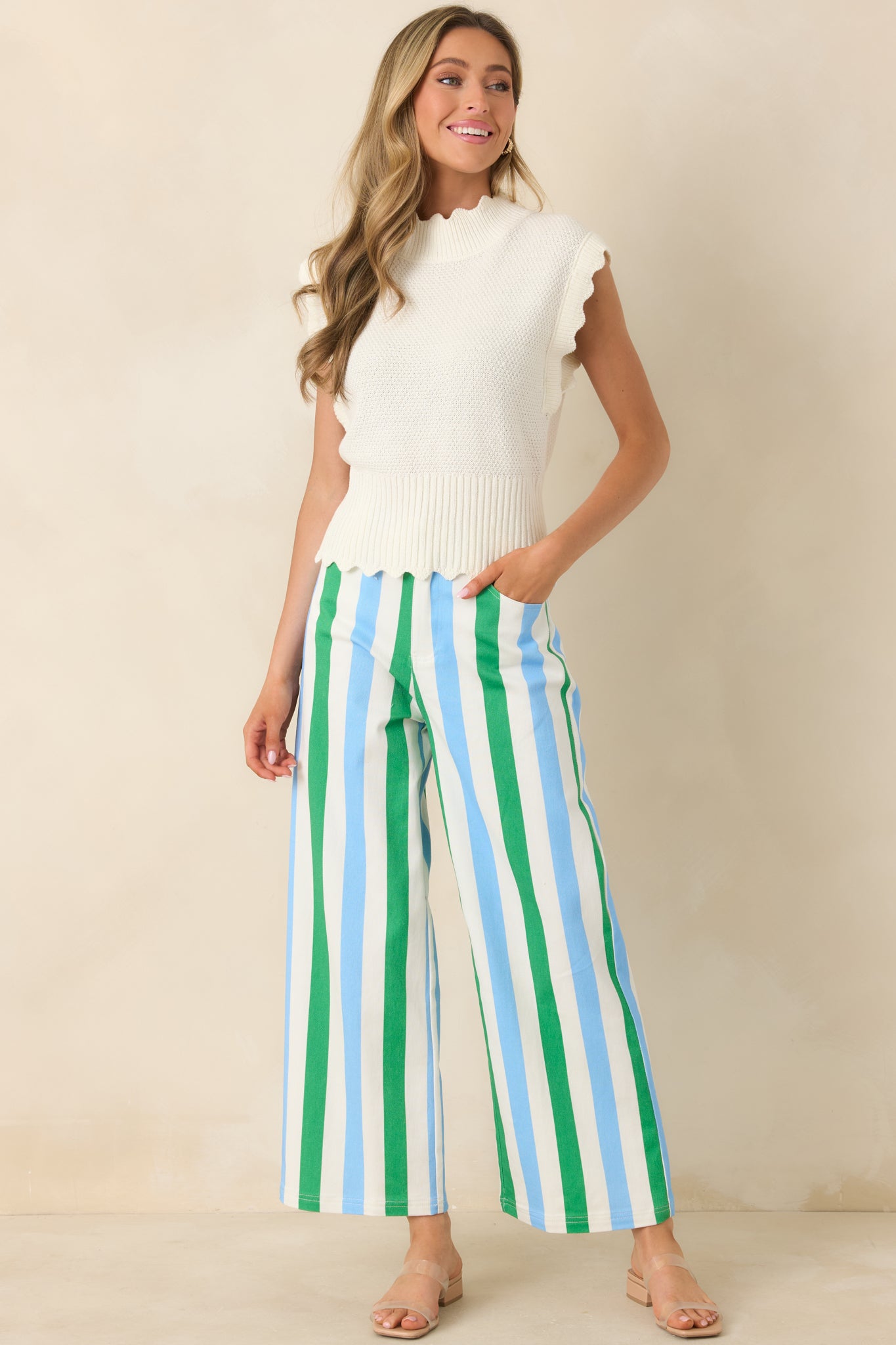 Sweetly Said White Textured Knit Scalloped Edge Sleeveless Cropped Sweater