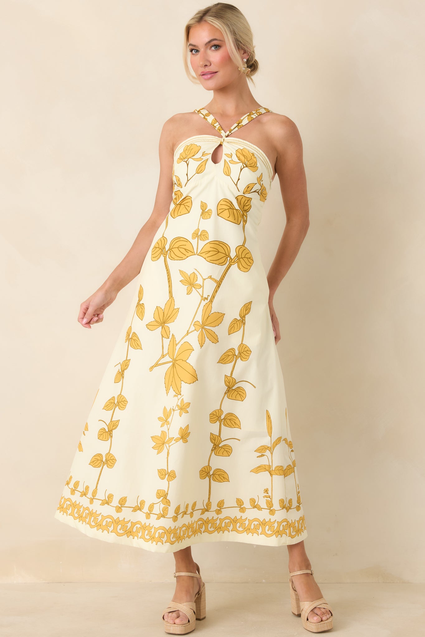 Aylaya Zoey Ivory & Honey Gold Floral Cotton Maxi Dress | Red Dress