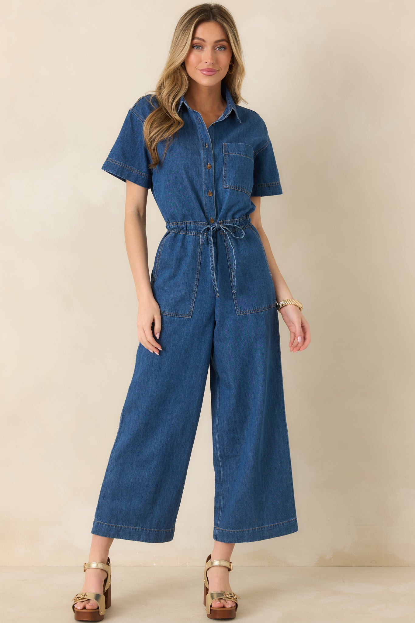 新品未使用　DENIM&DUNGAREE Z Supply Dark Wash Elsie Cotton Denim Jumpsuit | Red Dress