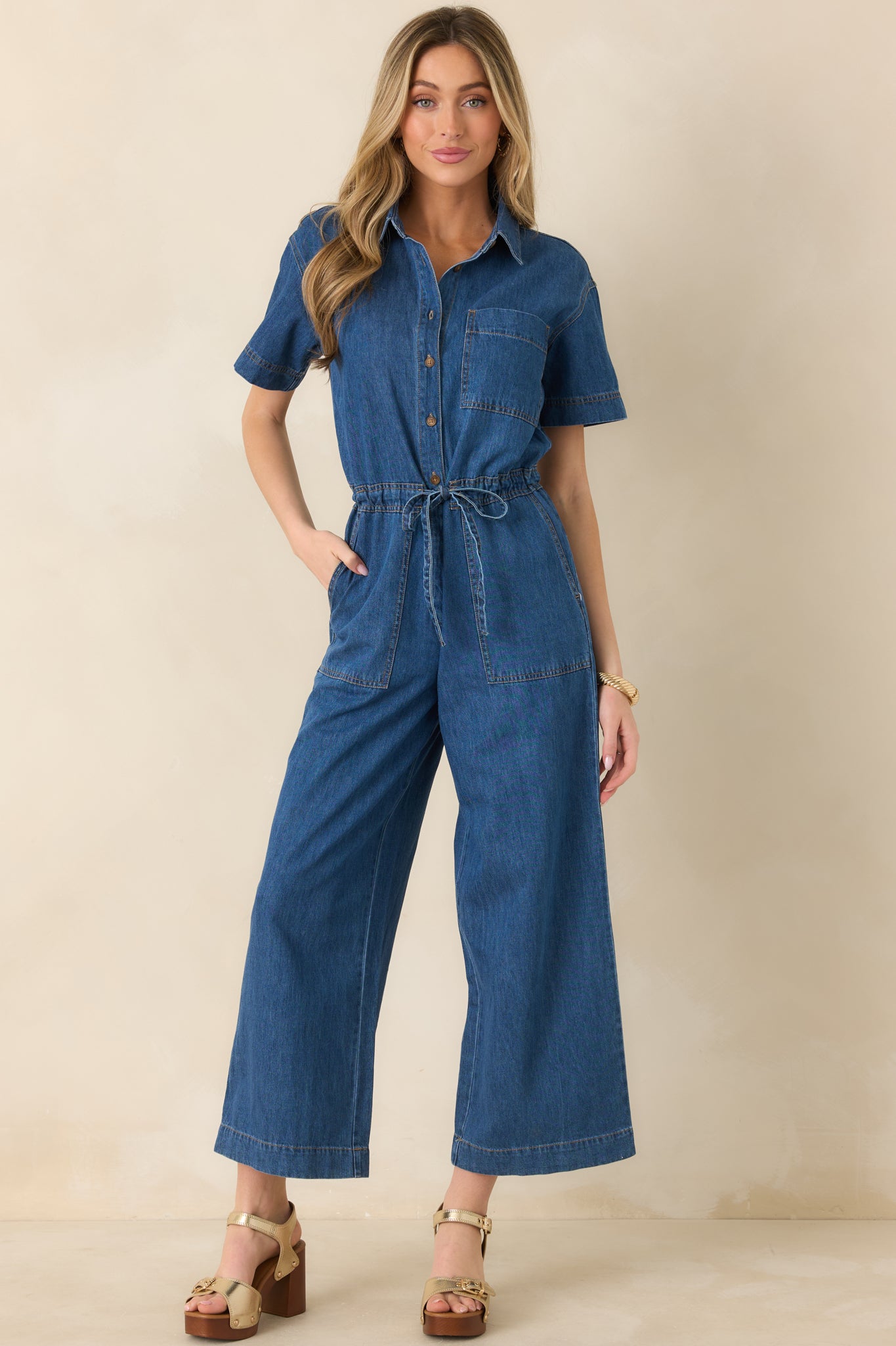 セール　セットアップ　auralee DENIME blouzon&pants Z Supply Dark Wash Elsie Cotton Denim Jumpsuit | Red Dress