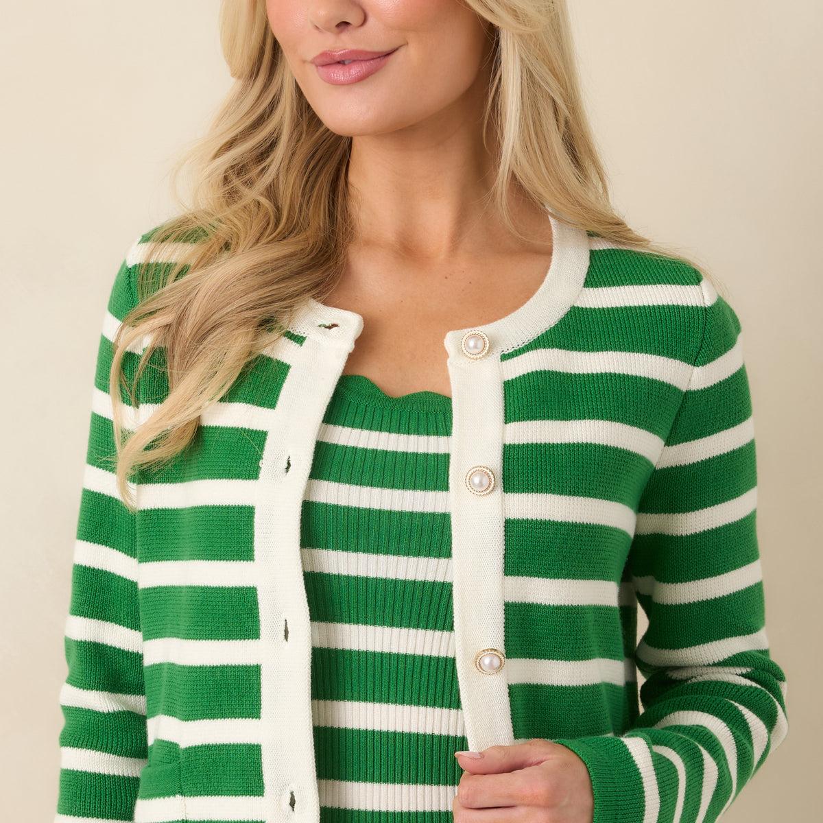 Prosperina Kennedy Kelly Green Stripe Cotton Cardigan | Red dress