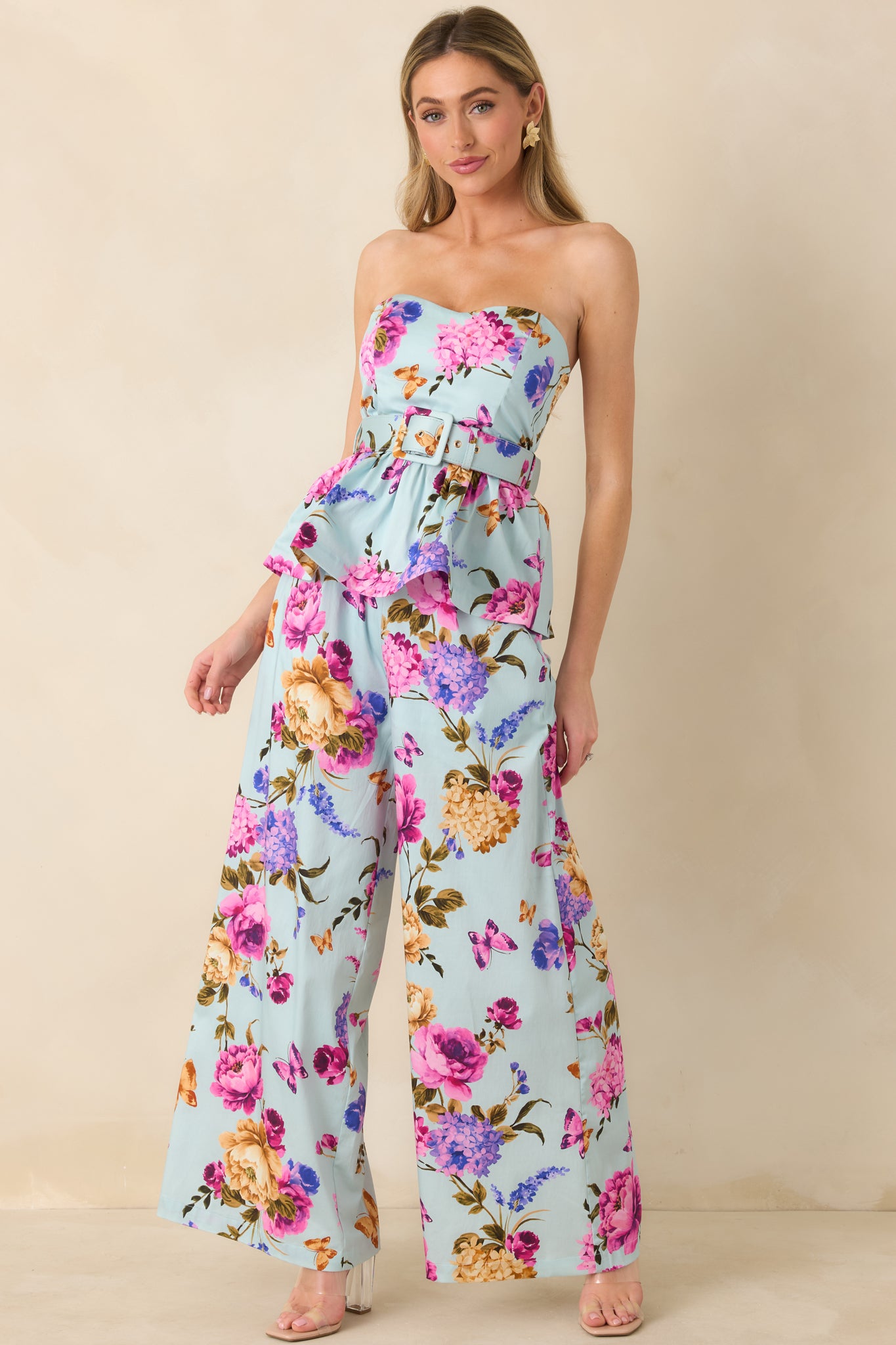 Front-facing full-length view of the blue multicolored wide leg pants showing the high-rise fit and smooth front waistband.